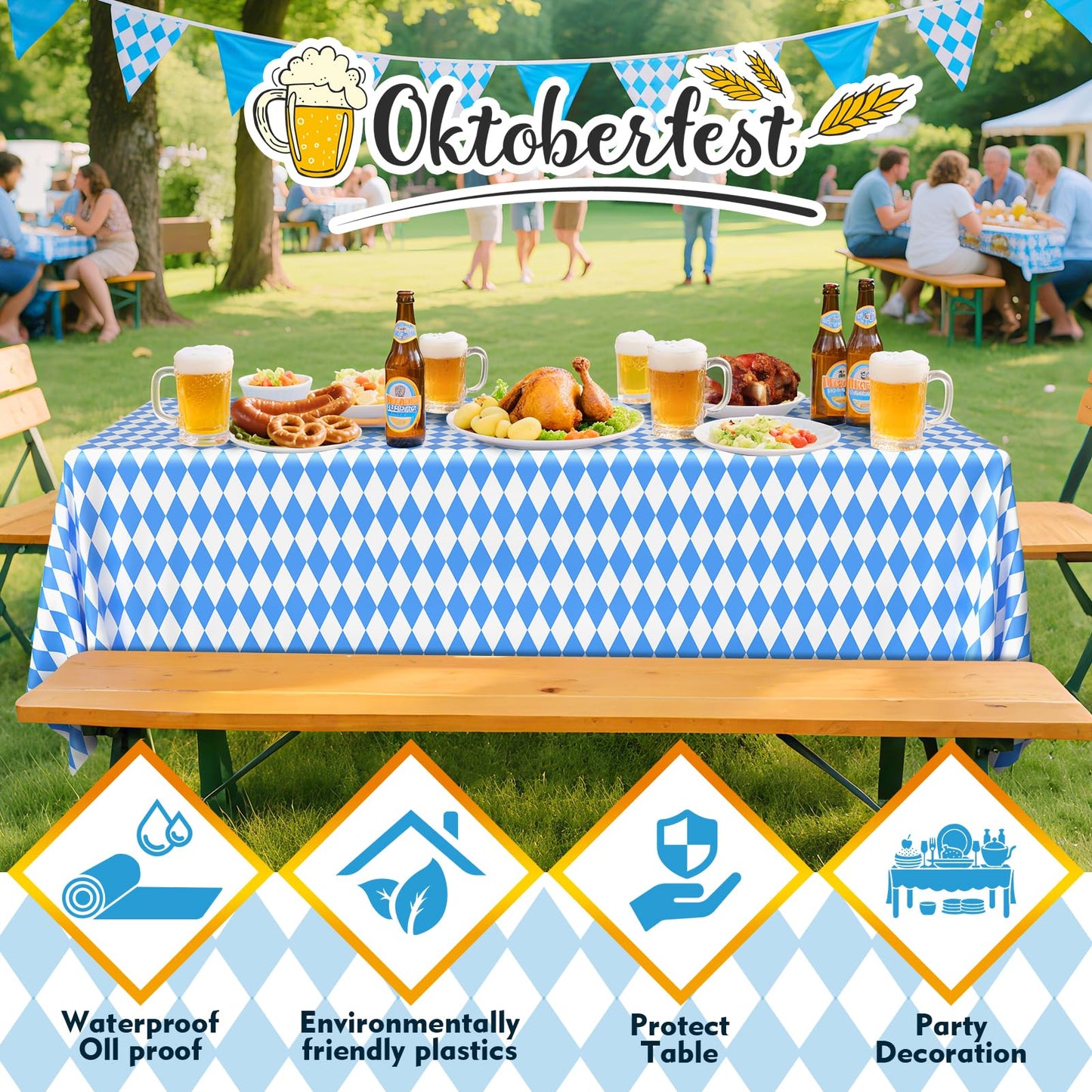 51 in x 98.5 Ft Oktoberfest Plastic Table Cloth Roll with Cutter Box,Disposable Blue and White Diamond Table Cloth,Waterproof Bavarian Flag Tablecover for German Oktoberfest Party Decorations
