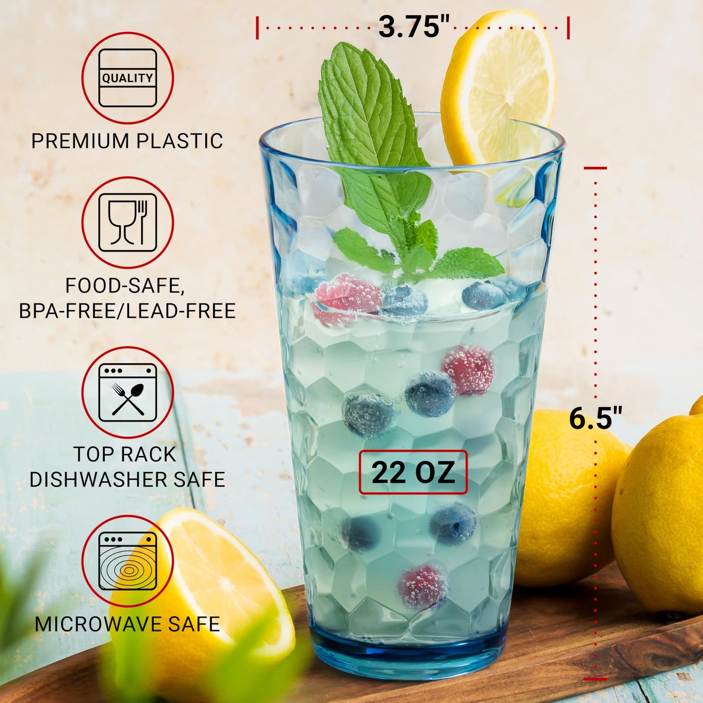 Bravario Hammered Plastic Drinking Tumbler, Dishwasher-Safe Premium Quality Water Glasses, BPA-Free Reusable Mixed Colors Assorted Stackable Cups, 22 oz Set of 6