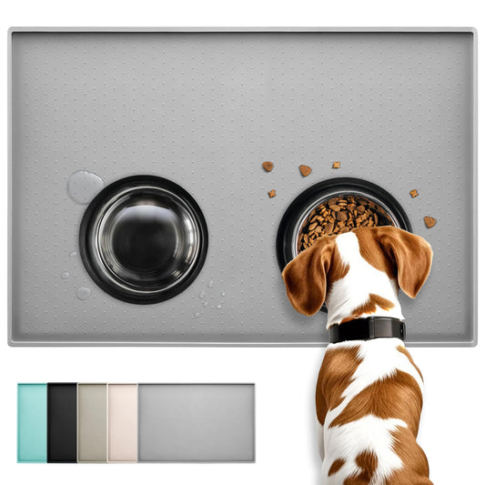 Conlun Silicone Dog Food Mat, 81x61cm Rubber Dogs and Cats Bowl Mat, Anti-Slip, Waterproof, Raised Edge Avoid Water Spilling Out, Easy Clean in Dishwasher,Gray