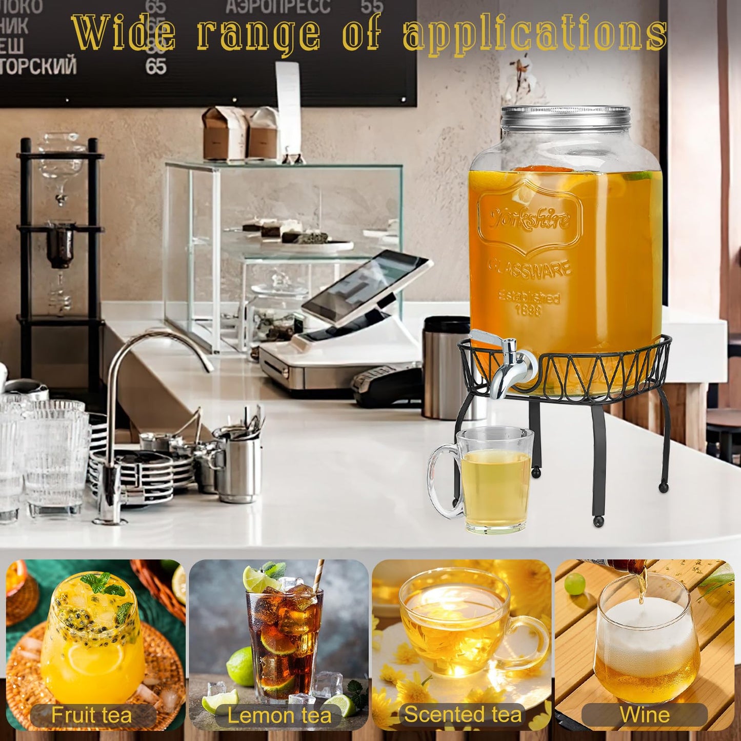 2 Gallon Glass Beverage Dispenser with Stand and Lid, Stainless Steel Leakproof Spigot- 100% Leakproof Glass Drink Dispensers for Parties, Weddings