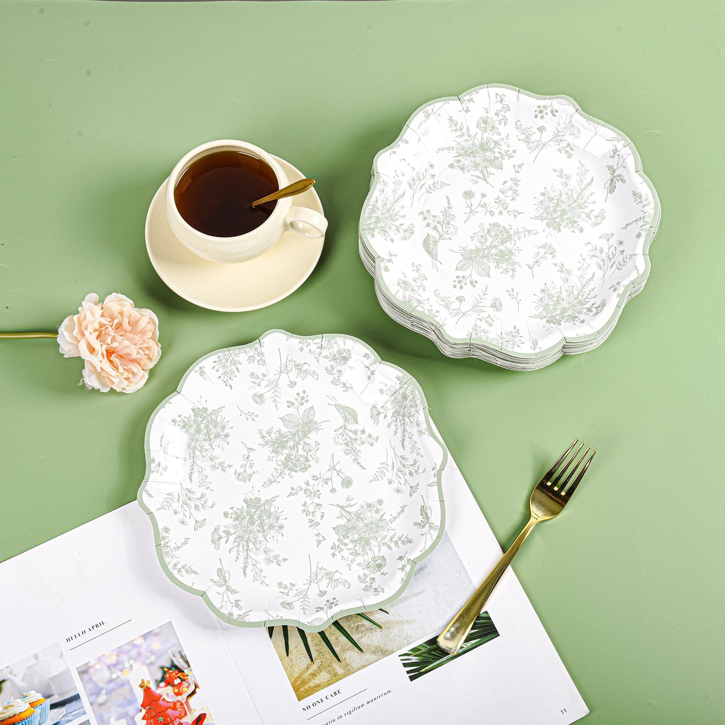 Elyxio Sage Green Floral Party Plates White Green Toile Disposable Paper Plates Flower Leaf 9" Scalloped Edge Dinner Plates for Bridal Baby Shower Wedding Tea Party Supplies Table Decor (48)