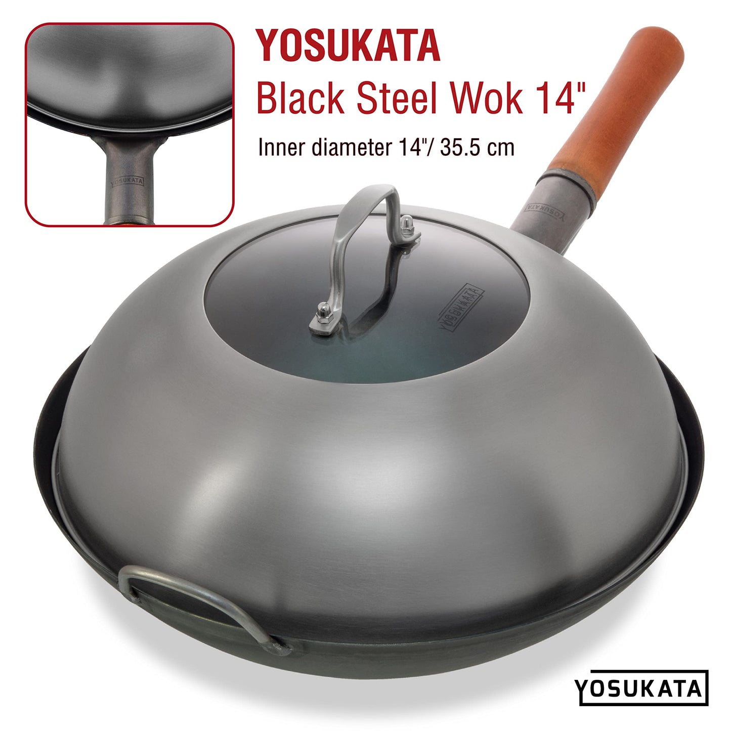 YOSUKATA Wok Lid 34.5 cm - Premium Stainless Steel Cover - Tempered Glass Insert Steam Holes - Ergonomic Handle -Durable Kitchen Accessories - Dishwasher-Safe Lid for 36 cm Wok for Asian Cooking
