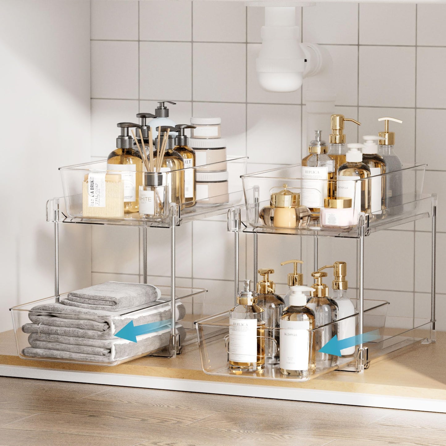 2 Tier Bathroom Storage Organizer, Vtopmart 2 Pack Clear Under Sink Organizers Vanity Counter Storage Container, Medicine Cabinet Drawers Bins, Pull-Out Organization with Track for Pantry, Kitchen