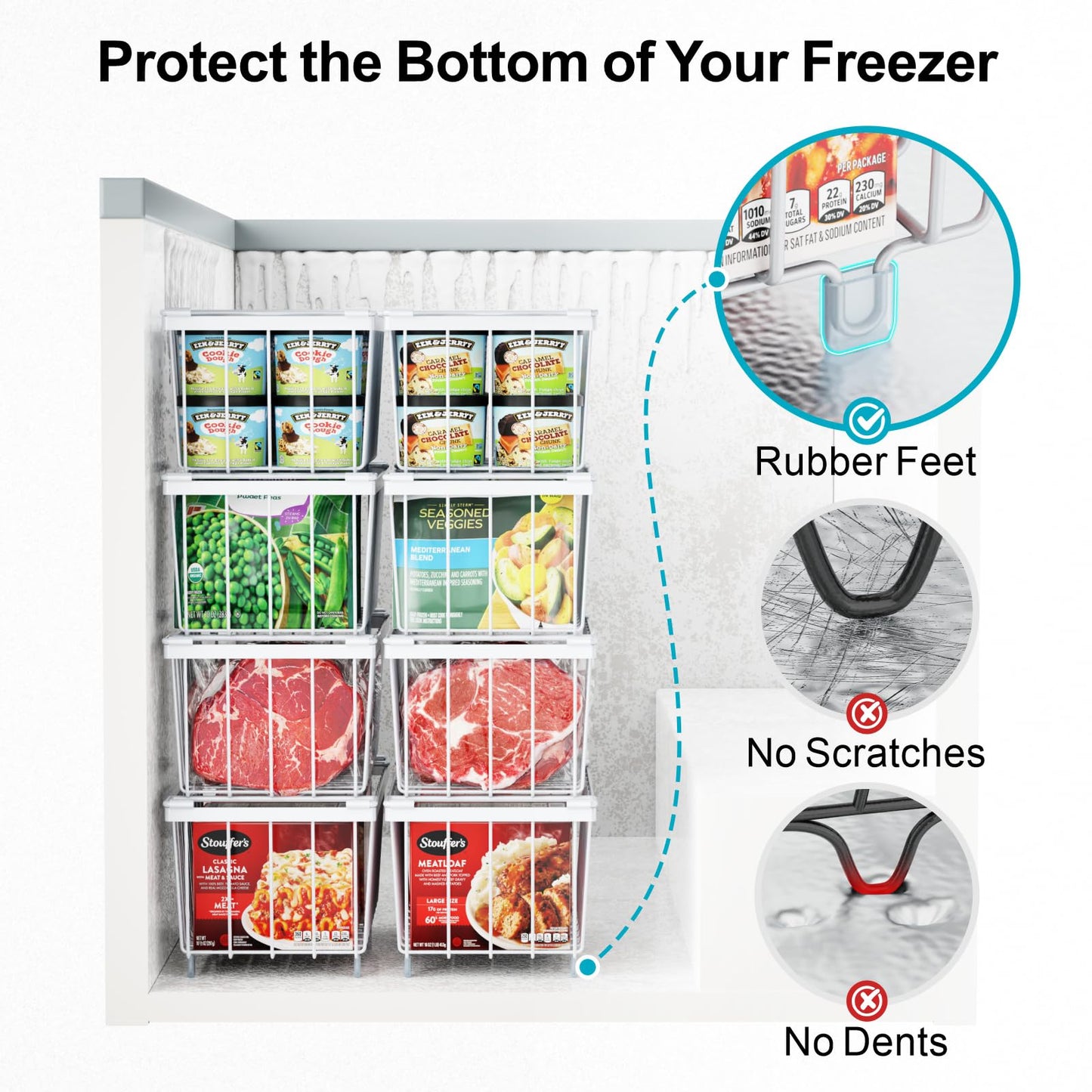 iSPECLE Chest Freezer Organizer - 8 Pack Stackable Freezer Organizer for 5 to 7 Cu.Ft Deep Freezer, Sort Frozen Foods Wire Baskets with Handles Easily Get Food and Add Storage Space, White