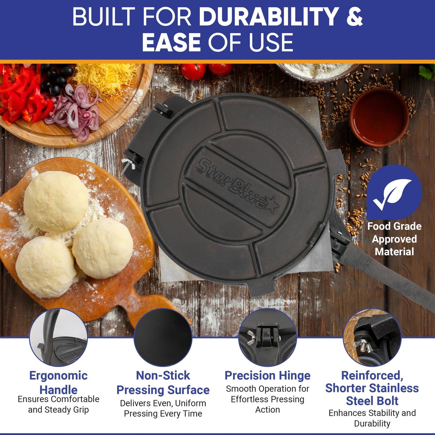 10 Inch Cast Iron Tortilla Press by StarBlue with FREE 100 Pieces Oil Paper and Recipes e-book - Tool to make Indian style Chapati, Tortilla, Roti