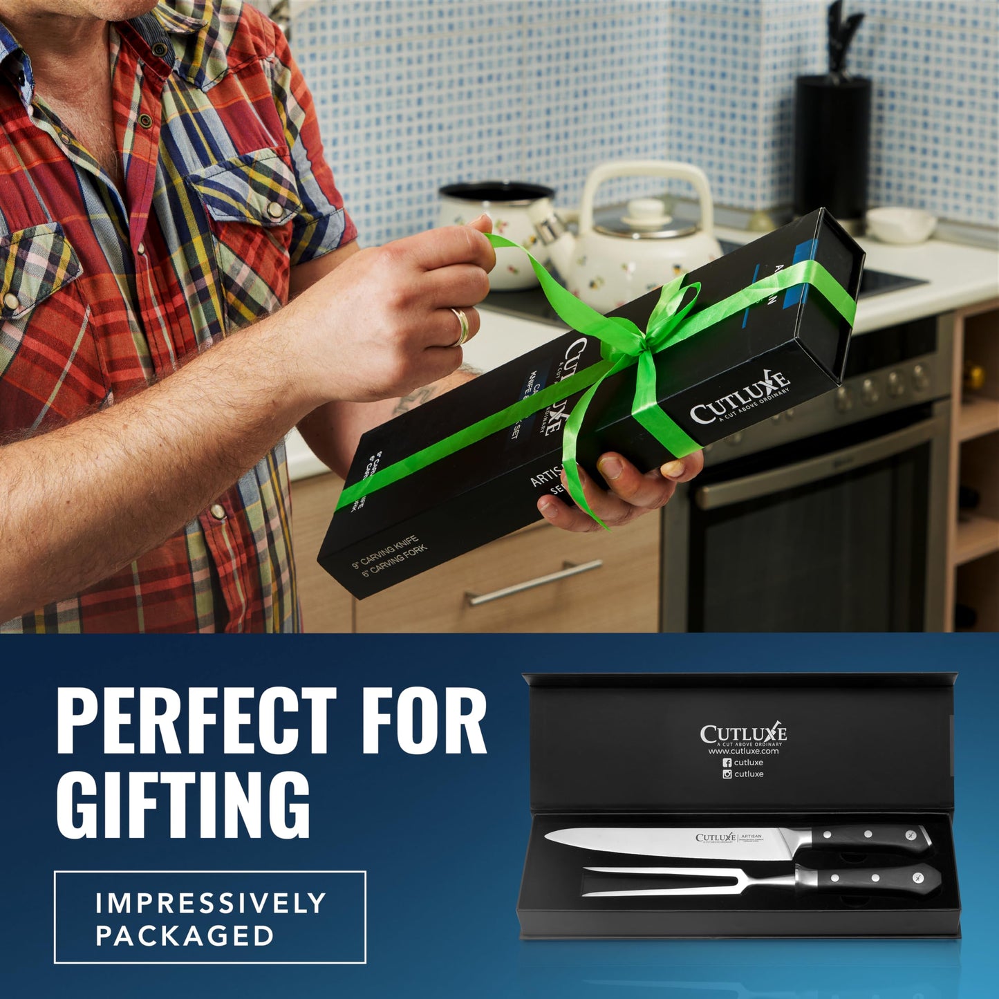 Cutluxe Carving Knife Set – Carving Fork & Carving Knife for Meat, BBQ, Brisket, Turkey – Razor Sharp Premium German Steel – Full Tang, Ergonomic Handle – Artisan Series