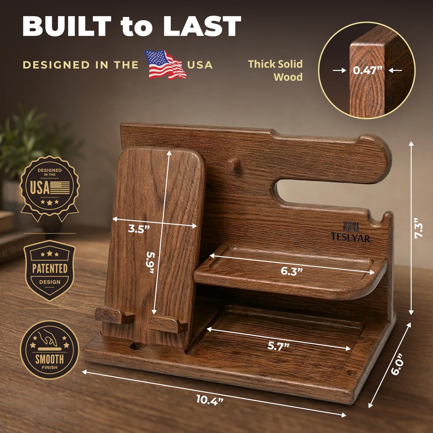 TESLYAR Wood Phone Docking Station - Gifts for Men - Desk or Nightstand Organizer - Birthday Gift for Husband, Dad - Anniversary Idea from Wife - Key Holder, Stand Wallet & Essentials (Earth Beige)