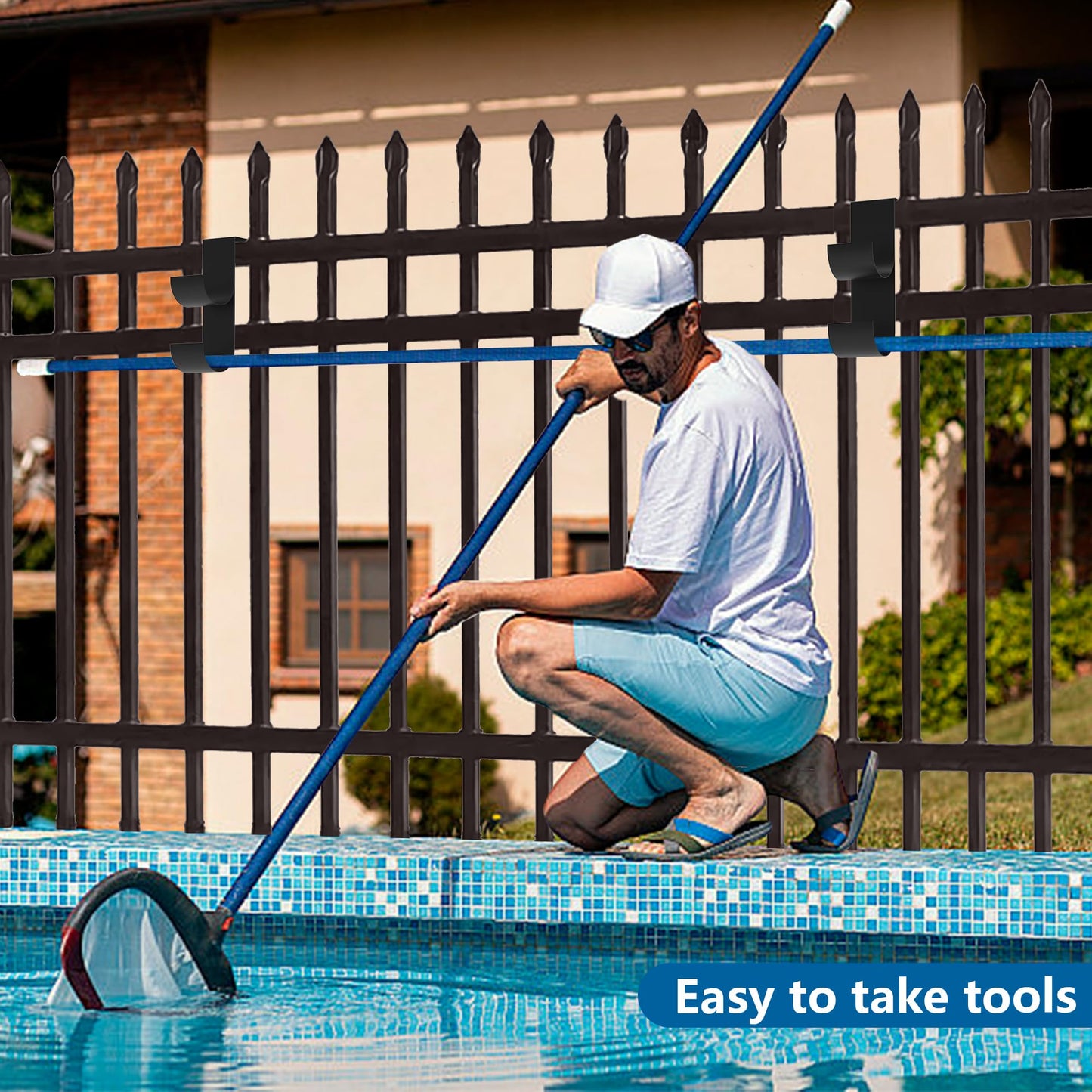 4 PCS Pool Fence Hooks for Pool Equipment- Black Heavy Duty Fence Hooks for Pool Poles- Slipe-on Fence Hanger for Pool Hose Pool Skimmer, Fit 3/4 Inch to 1-1/4 inch Railing