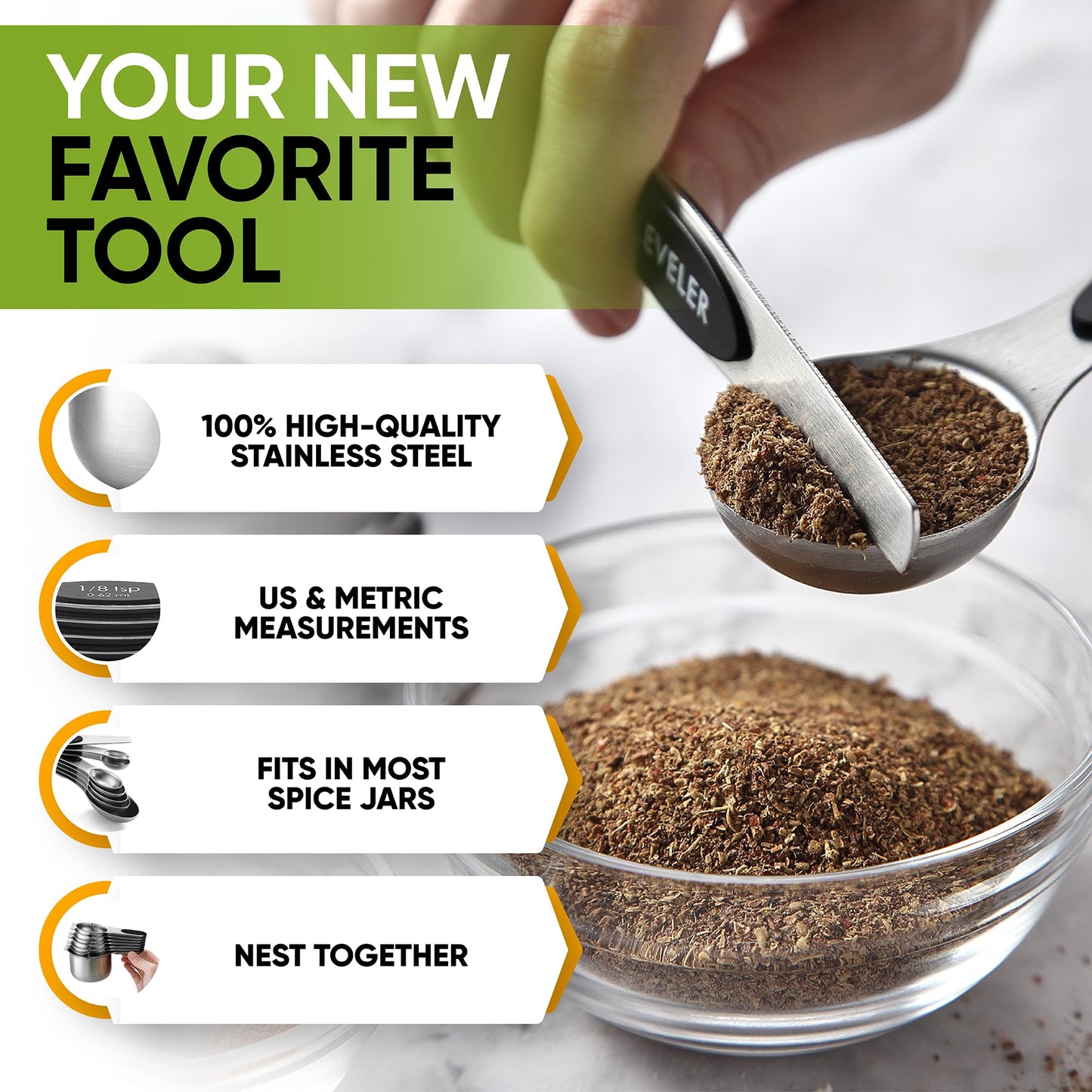 Spring Chef Stainless Steel Magnetic Measuring Cups & Spoons Set of 15 with Leveler (Patented), Heavy Duty Measuring Cups & Spoons for Baking & Cooking - for Dry & Liquid Ingredients - Black