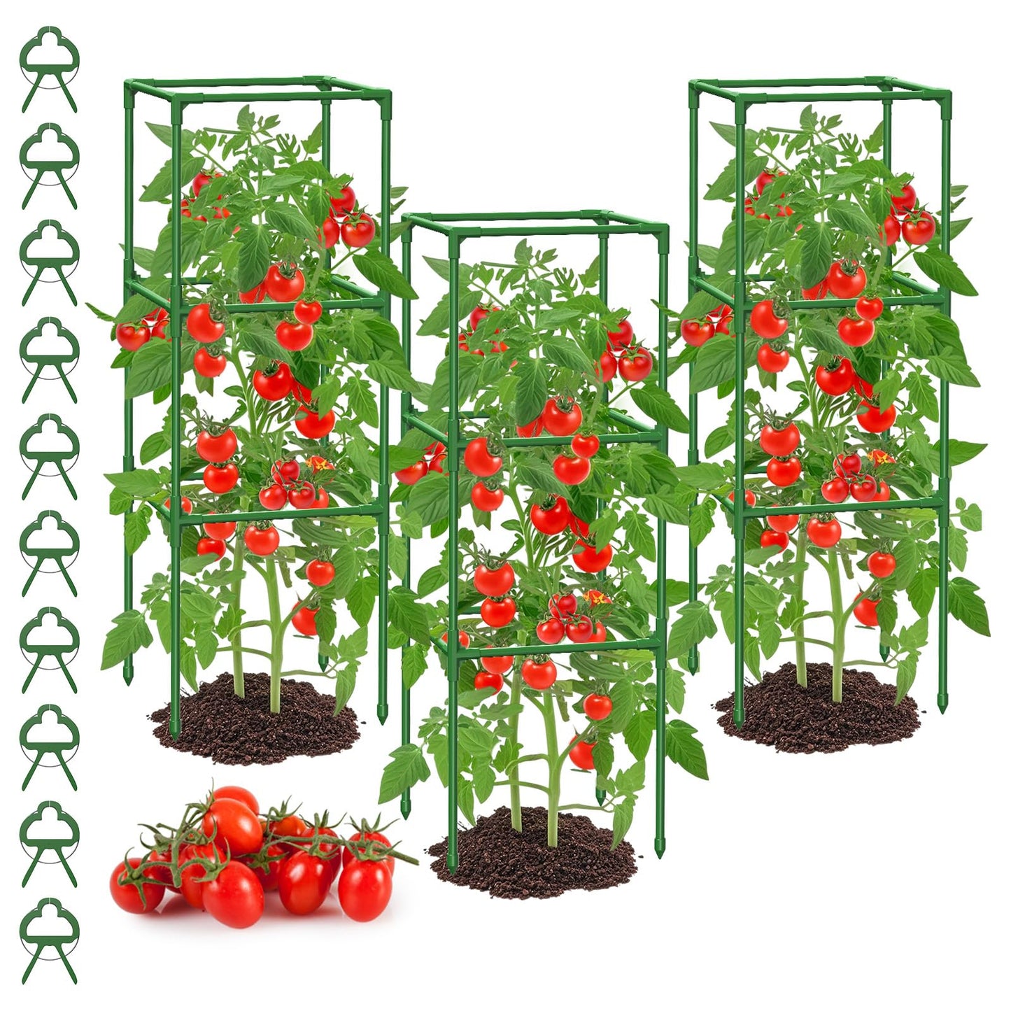 MYMULIKE Tomato Cage for Garden, 47.3 * 16.5 * 16.5in Extra Large Tomato Plant Support Stakes, 3 Pack Heavy Duty Garden Plant Trellis for Climbing Vegetables Flowers Fruits with 10 PCS Clips