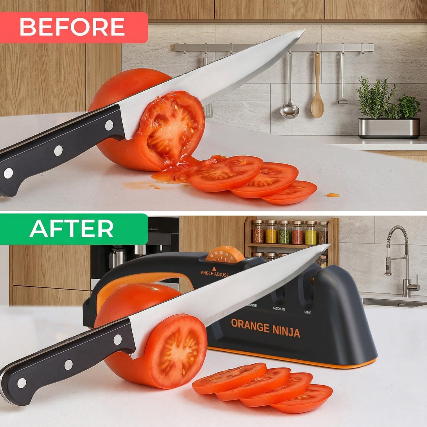 Orange Ninja Knife Sharpeners - 5 Adjustable Sharpening Angle- Premium Quality Kitchen Knife Sharpener - Handheld Knife Sharpeners for Kitchen Knives Sharpener by Sharp Pebble