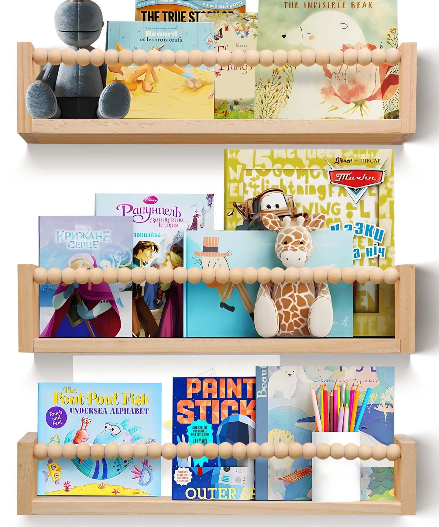 TUEGEGNS Nursery Book Shelves for Kids Rooms with Beads Set of 3,Wooden Floating Wall Bookshelves for Kids (Set of 3 Natural)