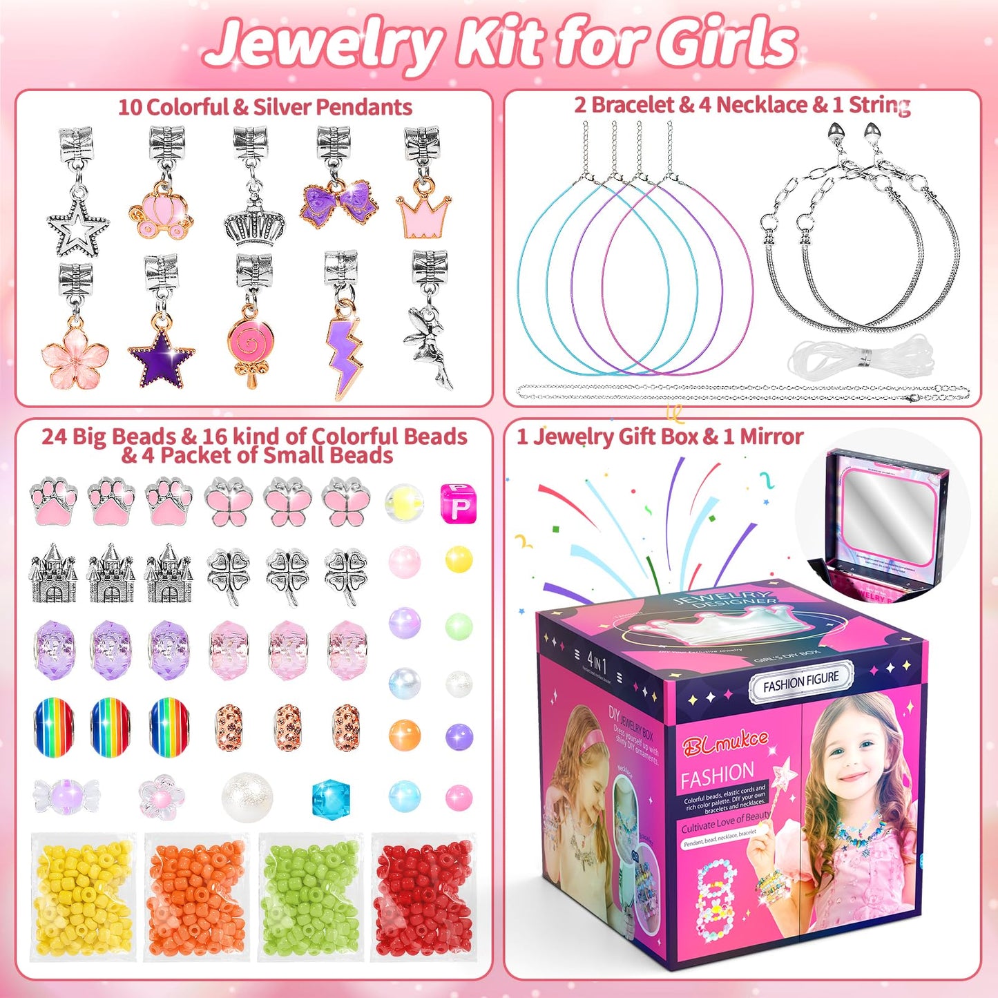 BLmukce Charm Bracelet Making Kit for Girls Ages 8-12, DIY Jewelry Making Kit & Art Craft Set with Beads, Charms & Necklace Supplies Birthday Party Christmas Ideas for Kids 4-6 7 8-12 Years Old girl Adult