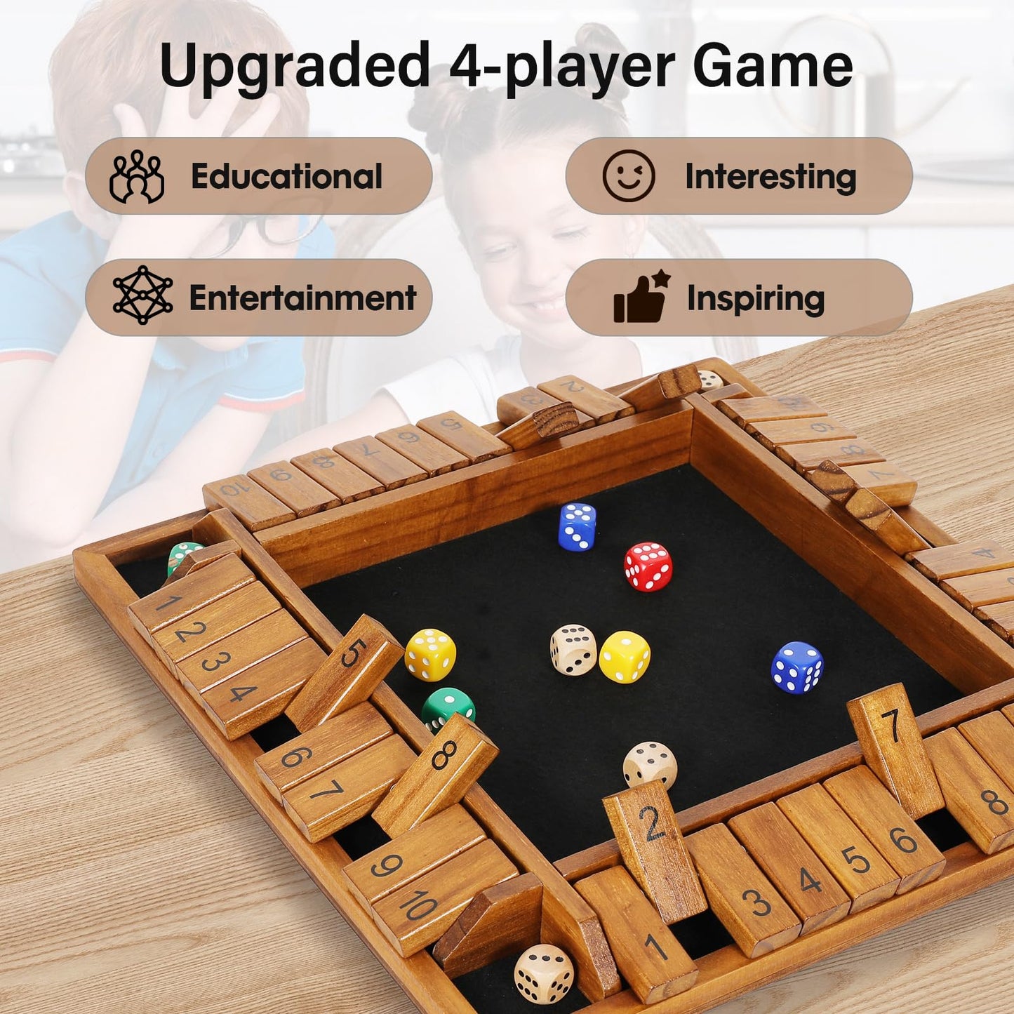 VAMSLOVE 12 inches Shut The Box Dice Game Wooden Board for 2-4 Player, 4 Sided 10 Numbers Math Games with 8+4 Dices Close The Box for Kids Adults(Instructions Included)