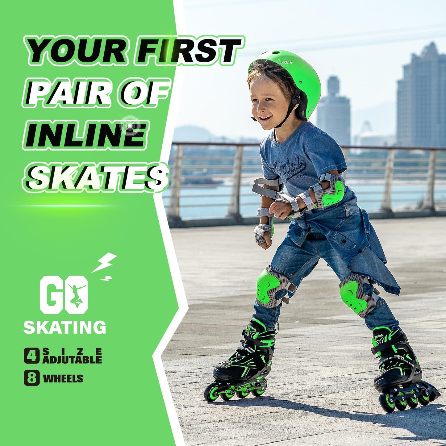 2PM SPORTS Torinx Green Black Boys Adjustable Inline Skates, Fun Roller for Kids, Beginner Roller Skates for Girls, Men and Ladies - Green Medium