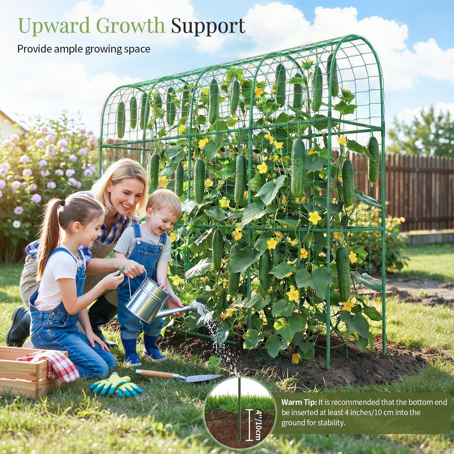 Housolution Cucumber Trellis for Raised Bed, 67"×48" U-Shape Garden Trellis for Climbing Plants Outdoors with 2×3m Net for Tomato Squash Zucchini Peas Beans Grape Fruit Flowers, Green