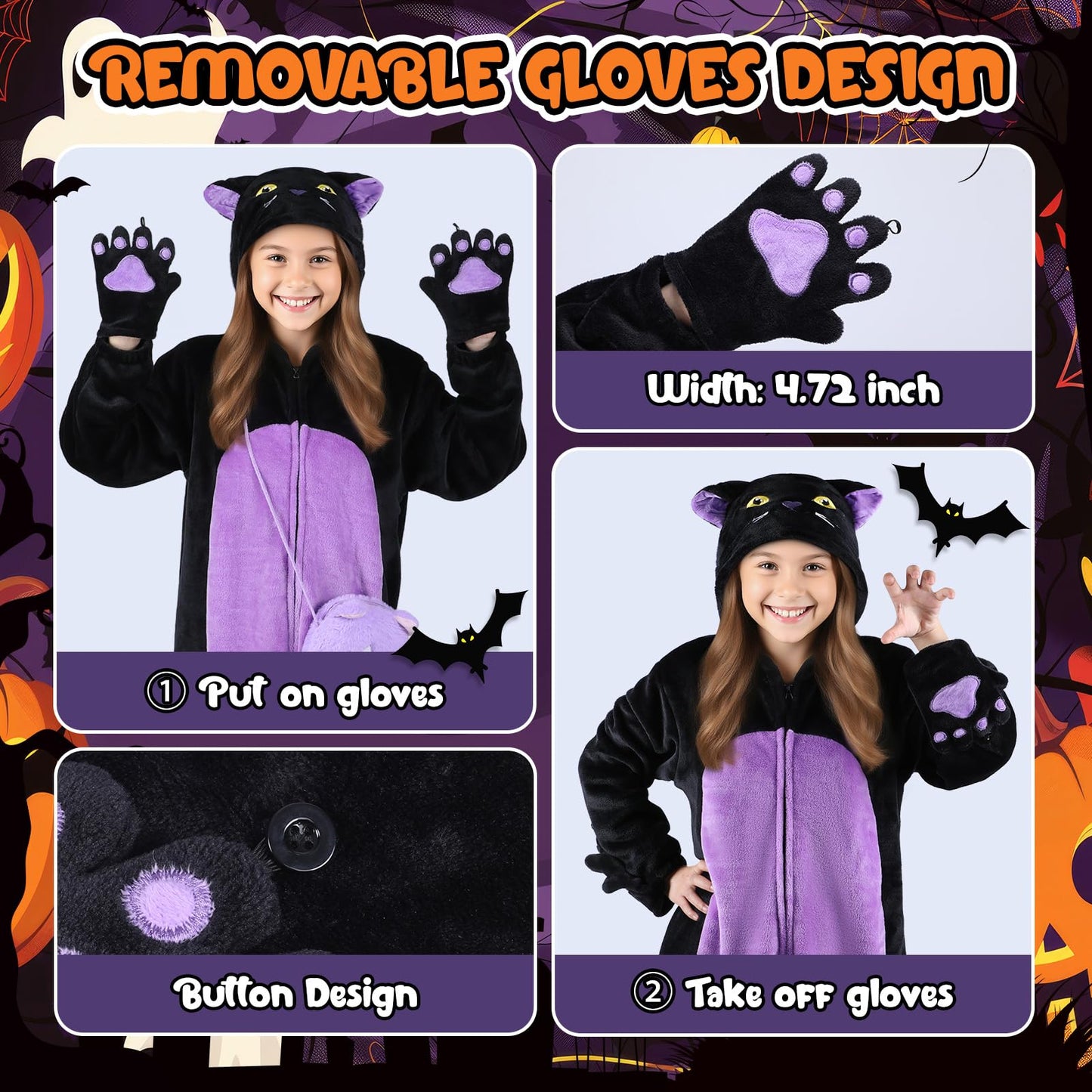 Black Cat Costume for Girls, Kids Hooded Cat Noir Onesie with Purse Bag, Girls Halloween Costumes for Kids Age 5-10