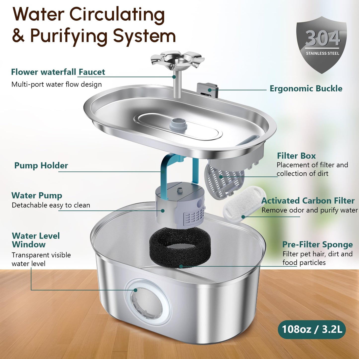 Cat Water Fountain Stainless Steel,108oz/3.2L Pet Drinking Fountain with 4 Replacement Filters & 4 Pre-Filter Sponges, Indoor Cat Flower Water Dispenser with Ultra-Quiet Pump & Level Window