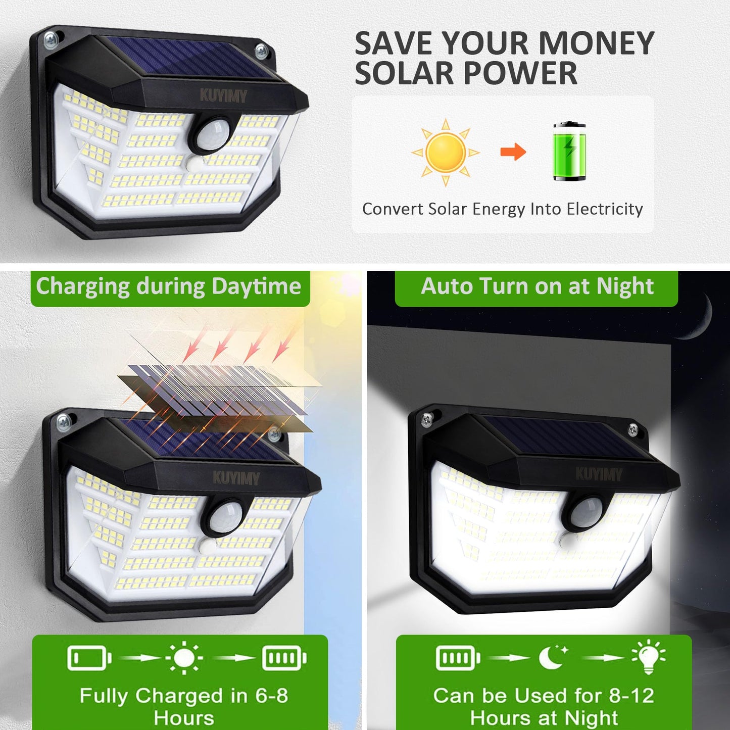 KUYIMY Solar Outdoor Lights, 230 LED with Motion Sensor and 3 Modes, IP65 Waterproof, 270° Wide Angle Light, Easy-to-Install Intelligent Security Wireless Wall Lights for Patio, Front Door(6 Pack)