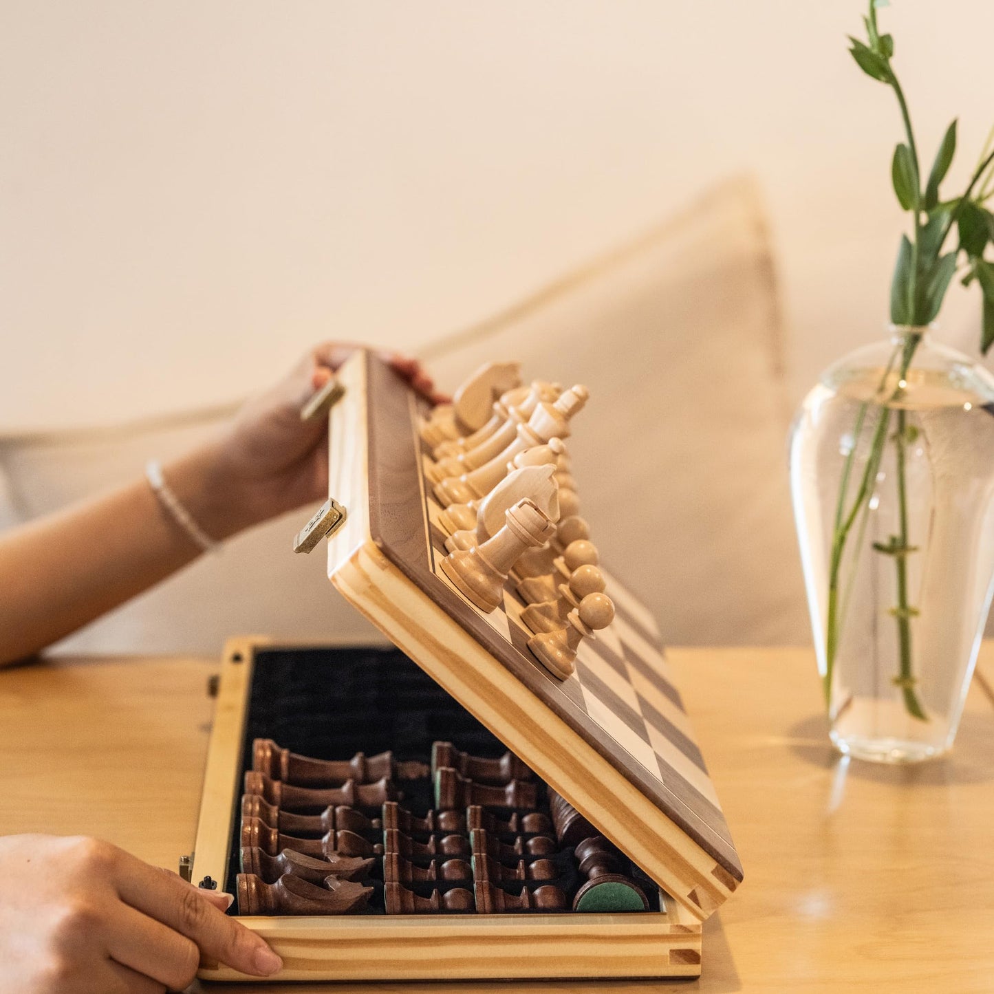 A&A 15" Magnetic Wooden Chess & Checkers Set/Folding Board / 3" King Height German Knight Staunton Chess Pieces/Walnut & Maple Inlaid /2 Extra Queen