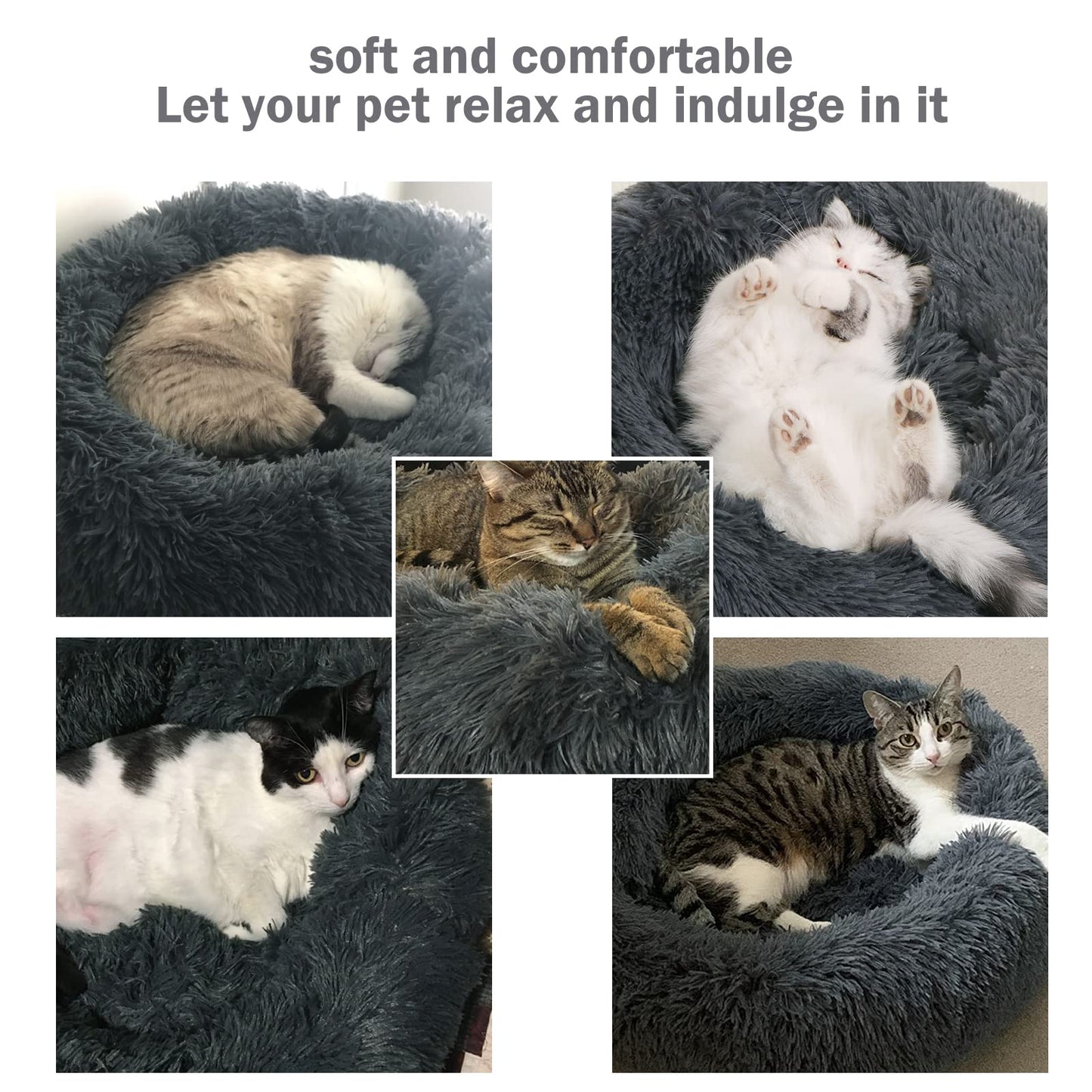 Calming Dog and Cat Bed Donut - 23.6'' Dog Bed Small, Fluffy Cat Anti Anxiety Beds for Indoor Cats, Washable Pet Bed with Non-Skid Bottom for Dogs and Cats, Dark Grey L(23.6in/60cm)