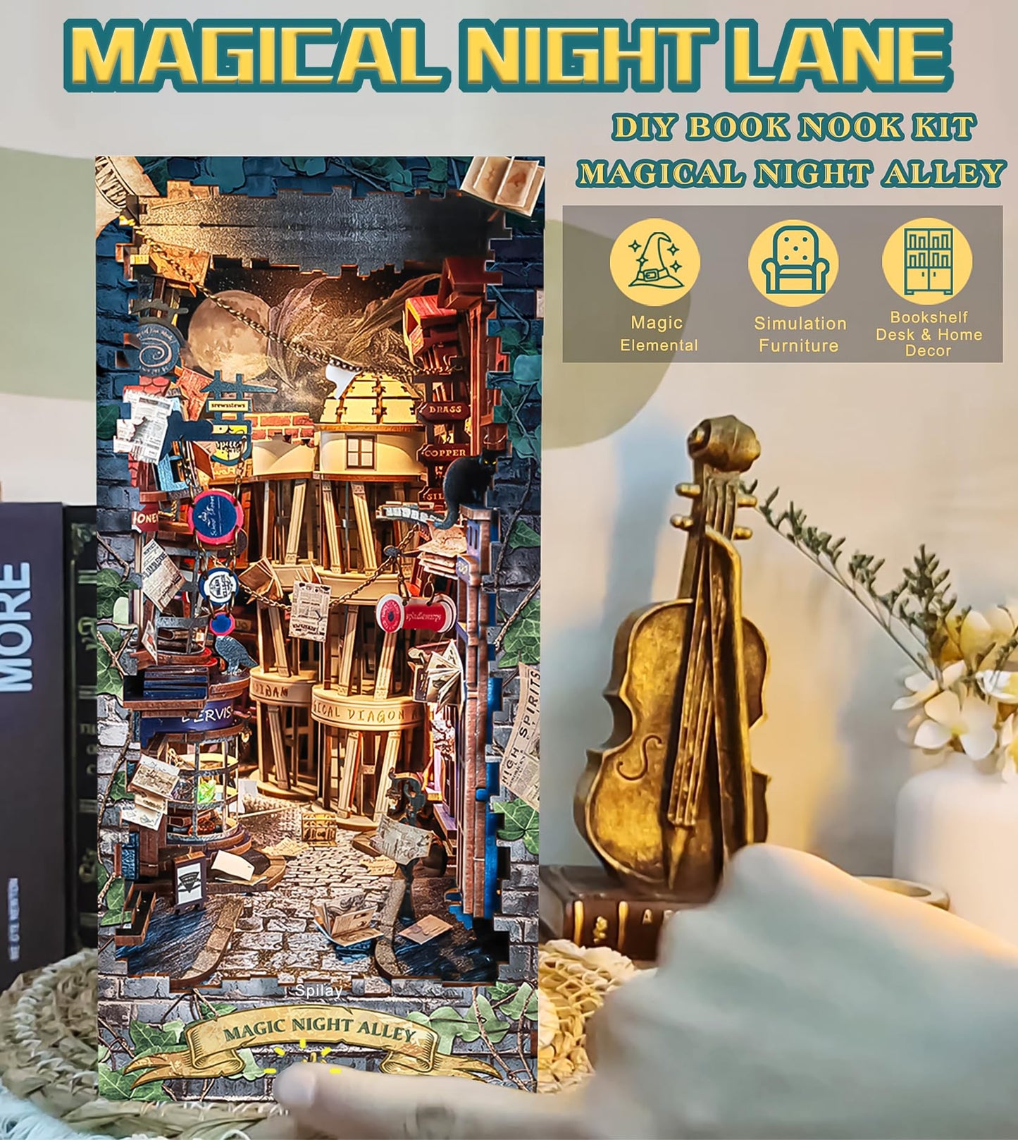 Spilay DIY Book Nook Kit,DIY Dollhouse Booknook Bookshelf Insert Decor Alley,Bookends Model Build kit with LED Light,Handmade Crafts Gifts for Birthday (Magical Night Alley with Dust Cover LED)