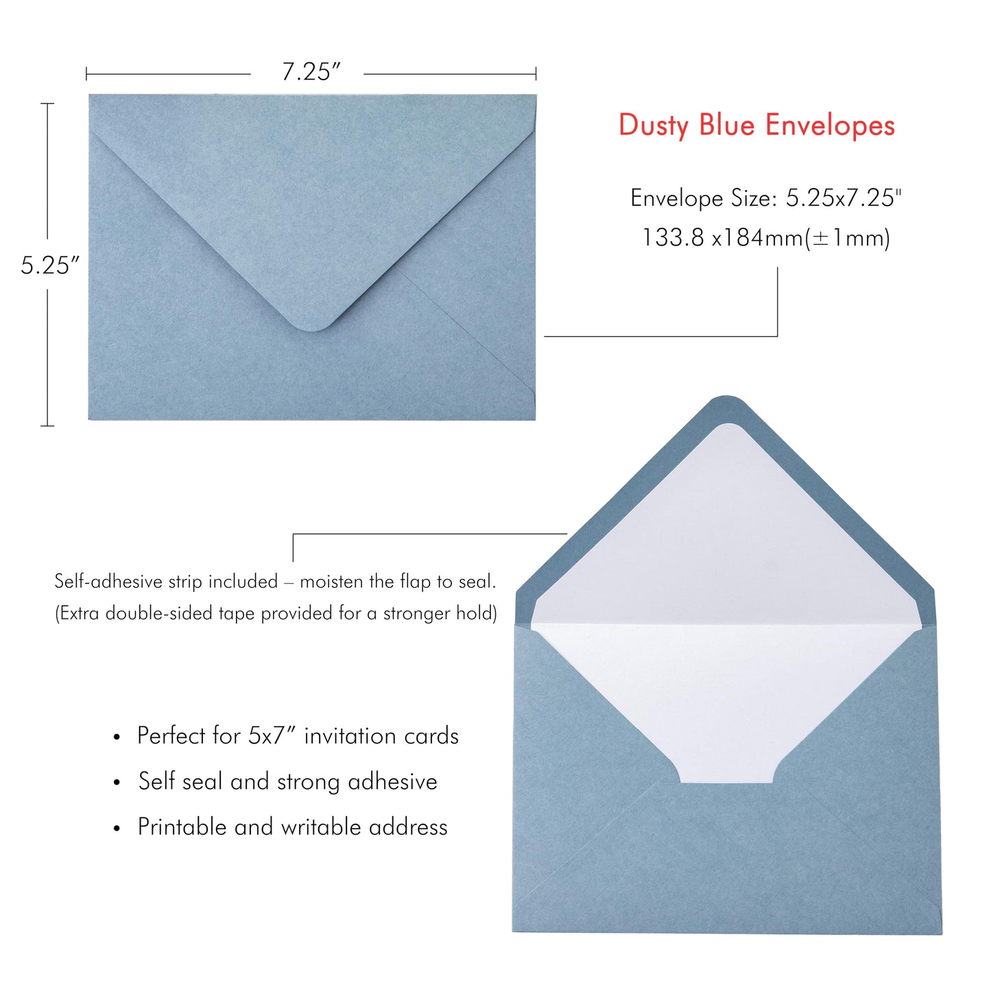 PONATIA 50 Pieces/lot A7 Envelopes, 5.25 X 7.5 Inches Dusty Blue Envelopes Perfect For 5x7 Weddings Invitation Cards, Christmas Gift Cards (Pearl White Liner + Dusty Blue)