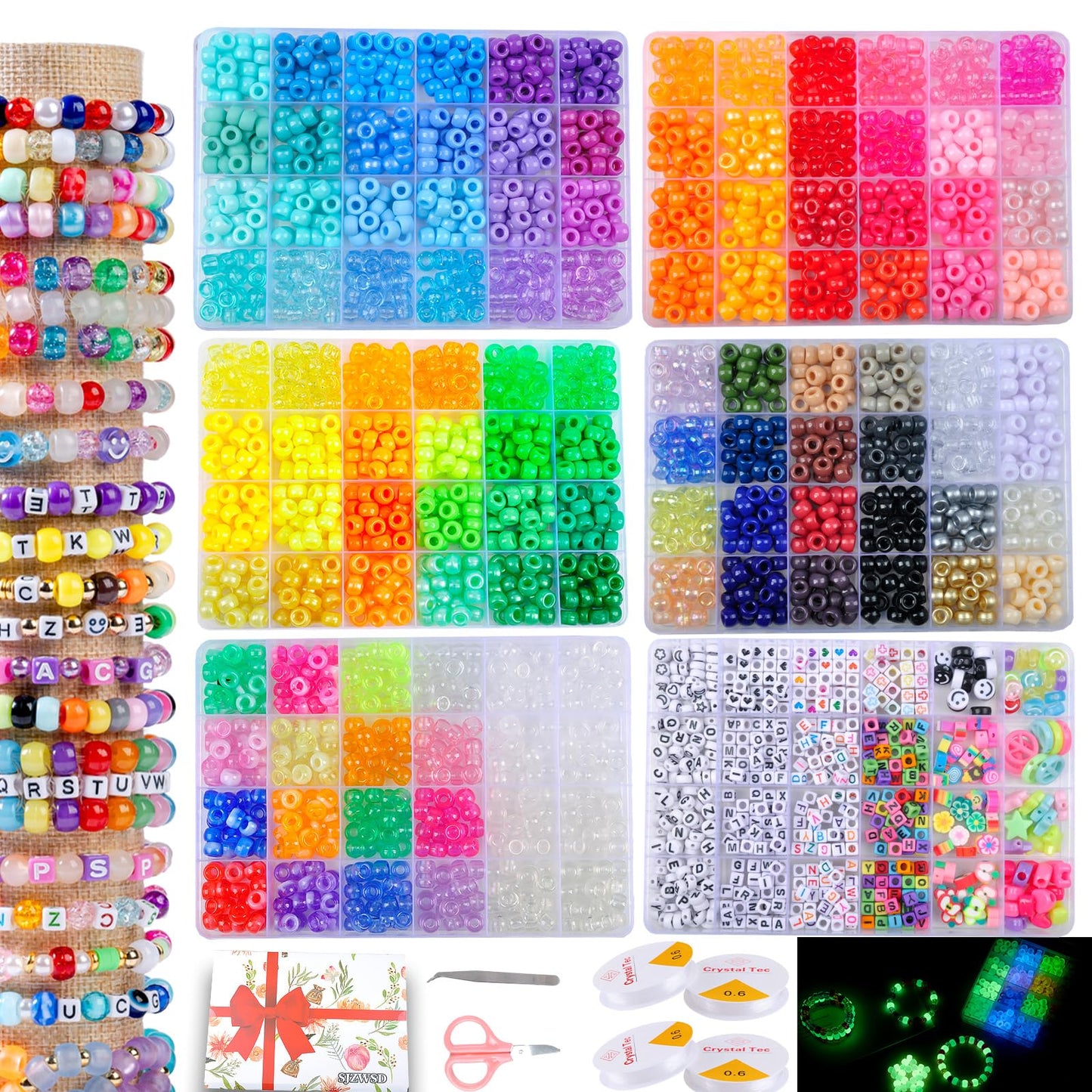 SJZWSD 6 Boxes Bracelet Making Kit Pony Beads, 6x9mm Kandi Rave & Hair Beads Set with UV Color Changing, Glow-in-Dark, Chrome & Alphabet Letters for Friendship Jewelry DIY Crafts