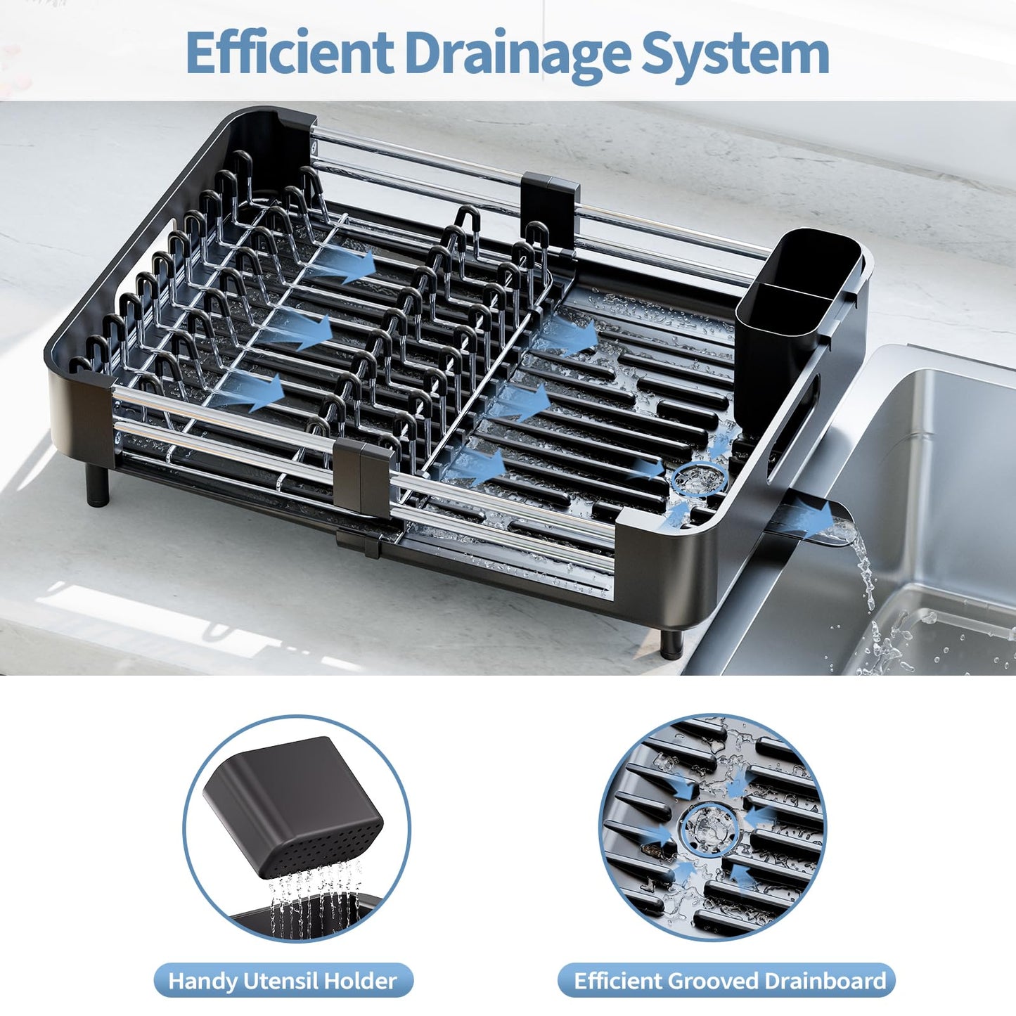 Urackify Extendable Dish Drying Rack, Dual Part Dish Drainers with Non-Scratch and Movable Cutlery Drainer and Drainage Spout, Adjustable Dish Rack for Kitchen,Black