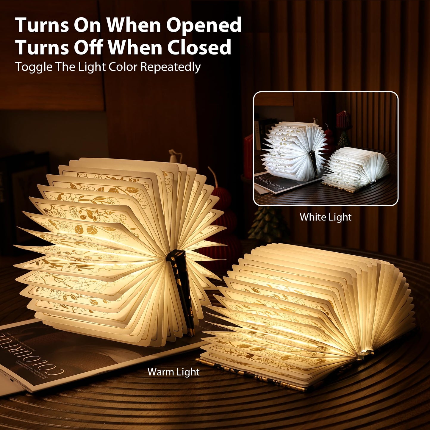 ZBOLE Floral Print Book Light,3-Color Book Lamp Book Lovers Gifts | 1200mAh Portable Foldable Paper Desk Lamp | Night Reading Bookshelf Lamp, Gifts for Women Birthday Ambient Lighting(Black Gold)