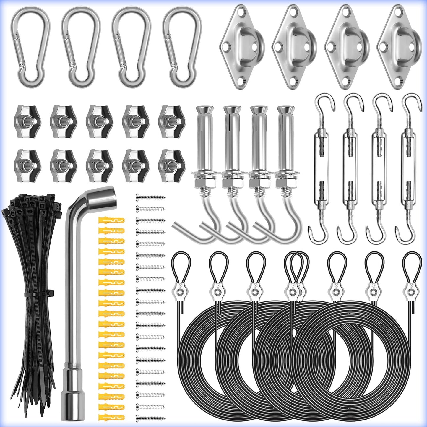 121PCS Sun Shade Sail Hardware Kit, Includes 4pcs 10ft Nylon Coated Cable Wire, 304 Stainless Steel Sun Shade Sail Installation Kit for Triangle Rectangle Shade Canopy for Outdoor Patio