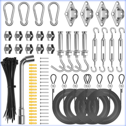 121PCS Sun Shade Sail Hardware Kit, Includes 4pcs 10ft Nylon Coated Cable Wire, 304 Stainless Steel Sun Shade Sail Installation Kit for Triangle Rectangle Shade Canopy for Outdoor Patio