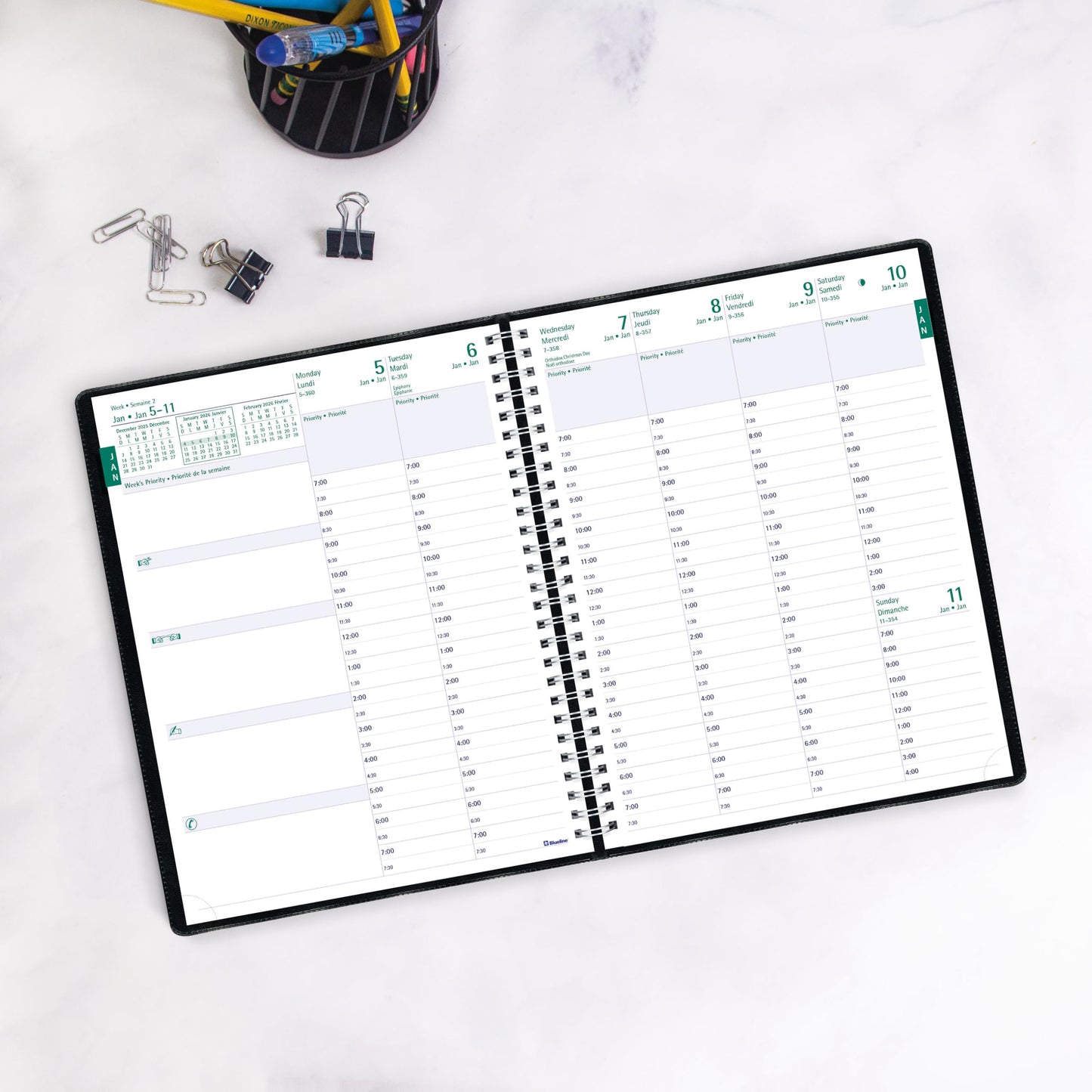 Blueline® 2026 Timanager® Planifi-Action® Weekly/Monthly Planner, Appointment Book, 13 Months, December to December, Twin-Wire Binding, 8.5" x 6.75", Black, Bilingual (CBBM2.BLK-26)