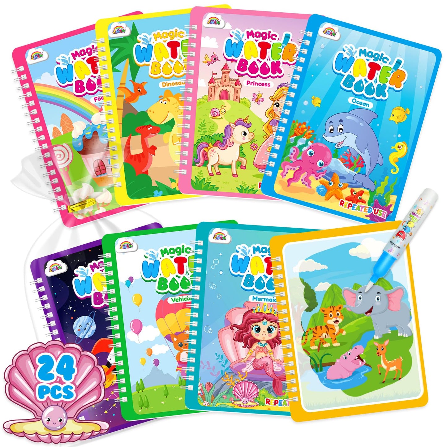 ZMLM 24 Water Painting Books for Toddlers - Reusable Water Coloring Book with Pen,Magic Paint with Doodle Books for 3 4 5 6 7 8 Years Old Drawing Set Travel Toys Gift for Girl Boy (Classic)