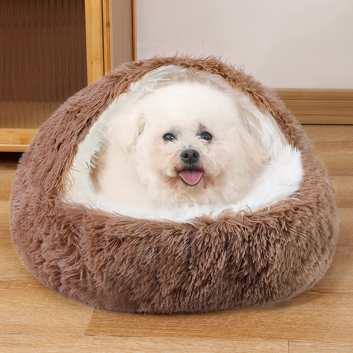 NOYAL Dog Bed Round Hooded Plush Cat Cave Donut Anti Anxiety Fluffy Dog Bed for Small Medium Dog and Cat