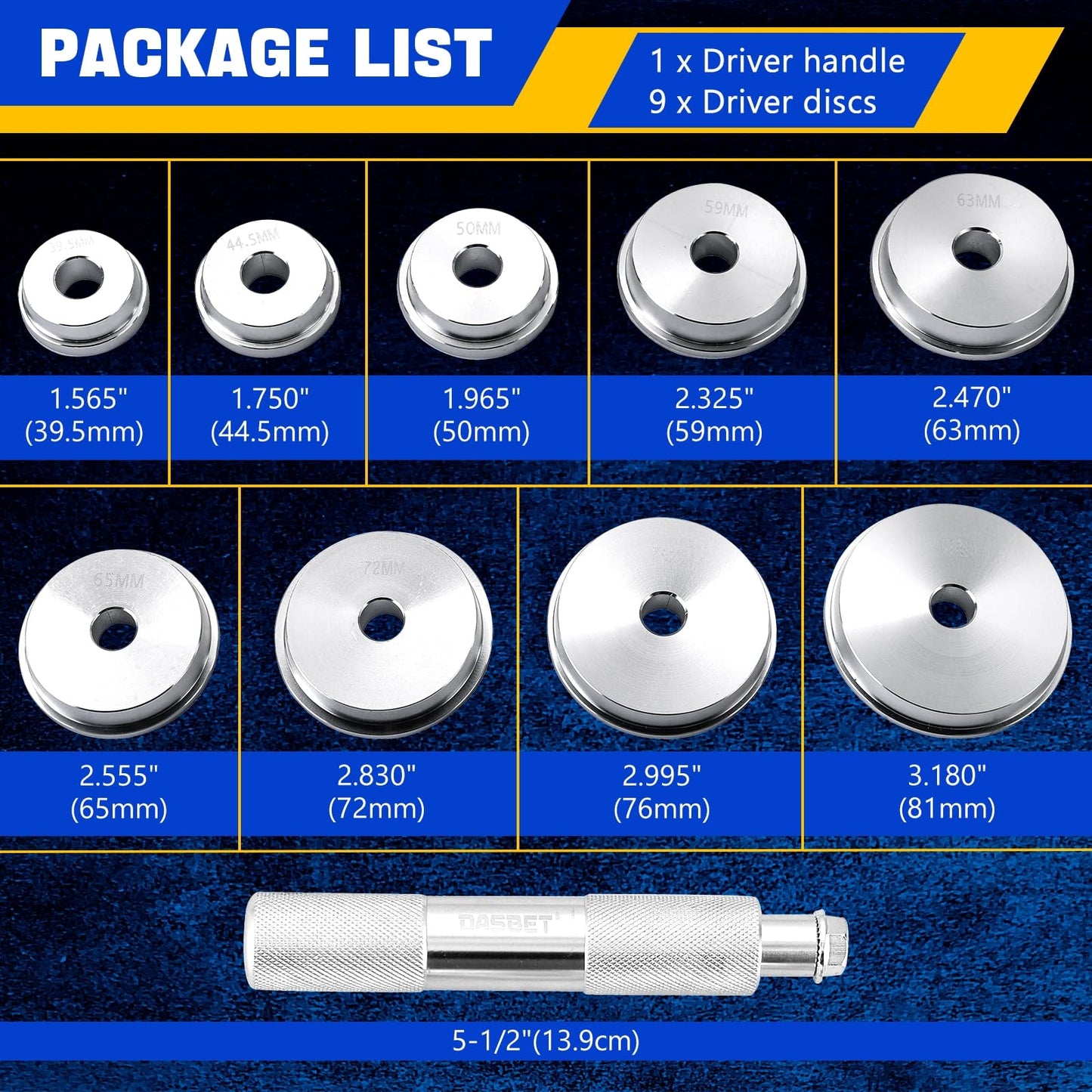 DASBET Axle Bushing Bearing Race & Seal Install Master Tool Set - Aluminum 10pcs Kit With 1 Driver 9 Discs for Bearing Installation