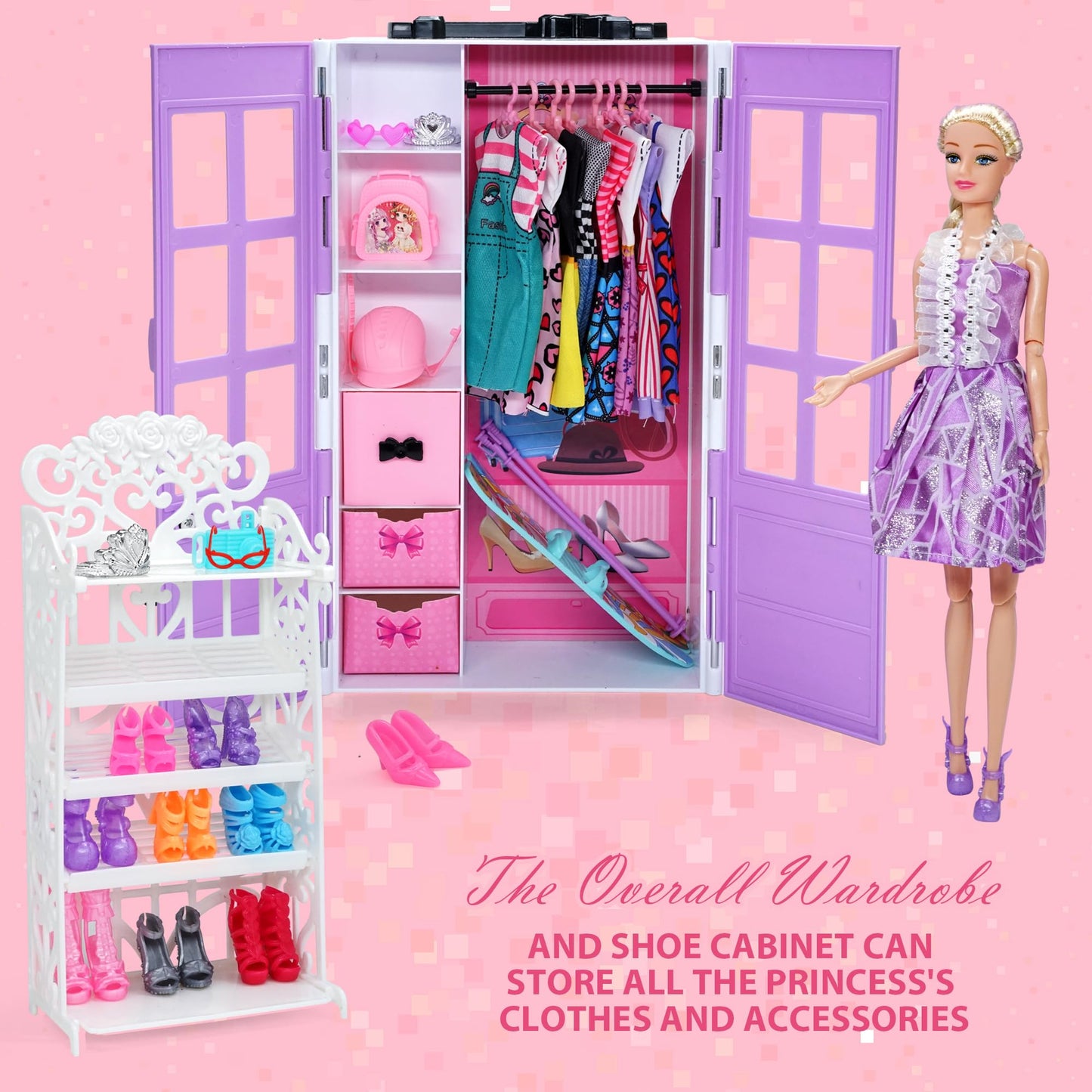 Doll Closet Clothes and Accessories - 135Pcs with Dolls Storage Organizer Wardrobe Sets, Princess Fashion Pack Playset Including Wedding Gowns/Dresses/Shoes/Outfit, Birthday Girls Gifts Age 345678