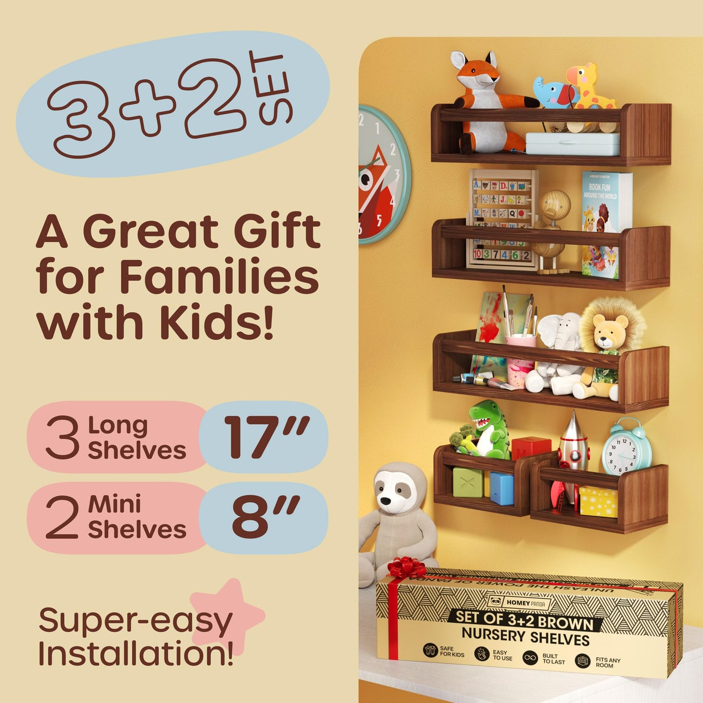 5-in-1 Floating Nursery Book Shelves for Wall (3 Long + 2 Mini) Solid Pine Wood Nursery Shelves, Wall Bookshelf for Kids Room, Toys & Books Display, Baby Shelf (Walnut)