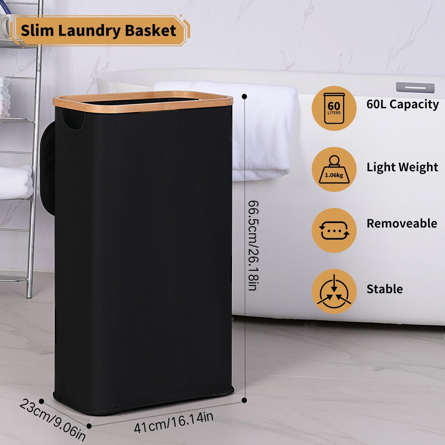 iEGrow 60L Slim Laundry Hamper with Lid Hampers for Laundry,Narrow Laundry Basket with Removable Inner Bag & Bamboo Handles Tall Thin Clothes Hamper for Clothes Towels Organization（Black）