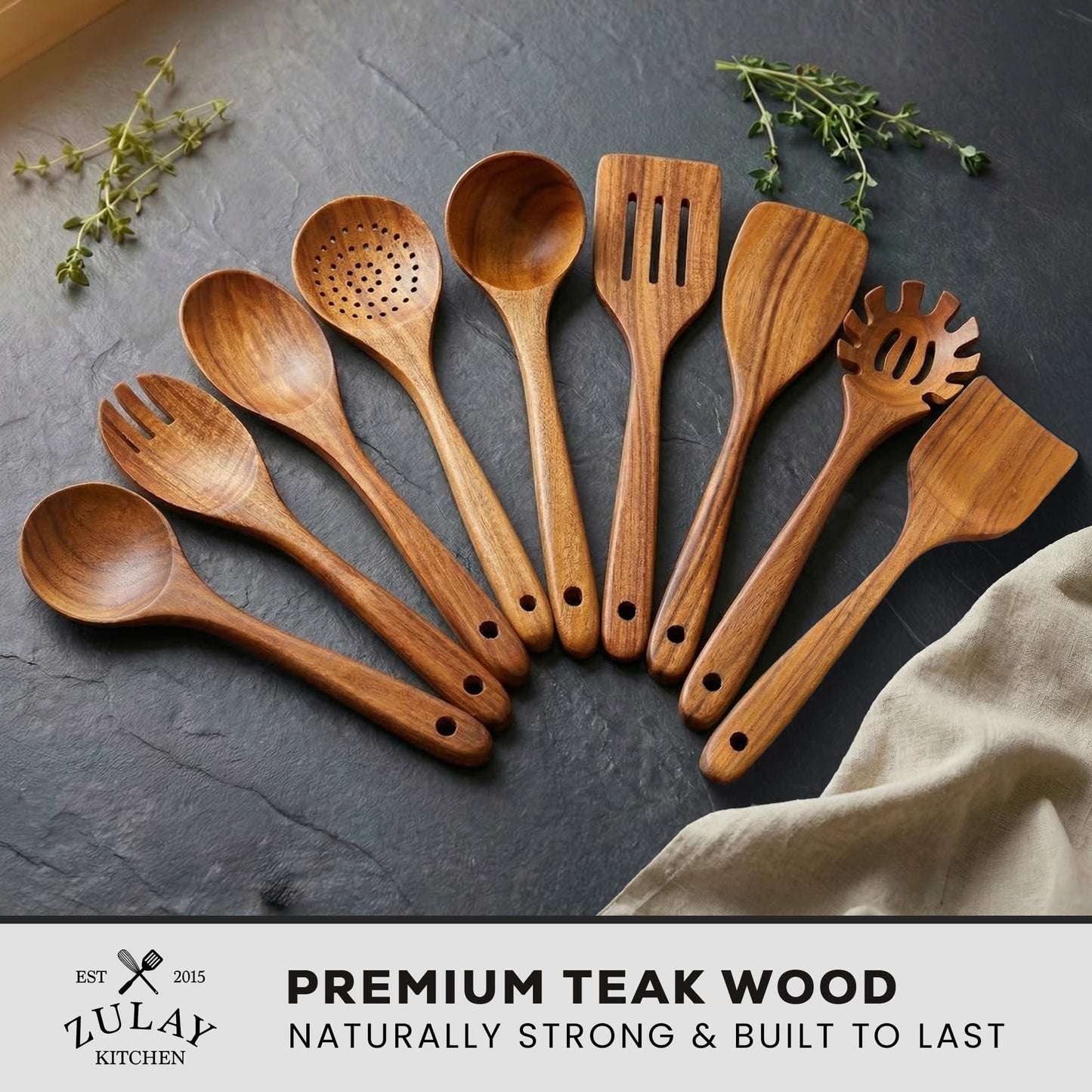 Zulay Kitchen 9-Piece Wooden Spoons for Cooking - Smooth Finish Teak Utensils - Soft Comfortable Grip Wood Spoons - Non-Stick Wooden Cooking Utensils - Teak Spoon Utensil Sets
