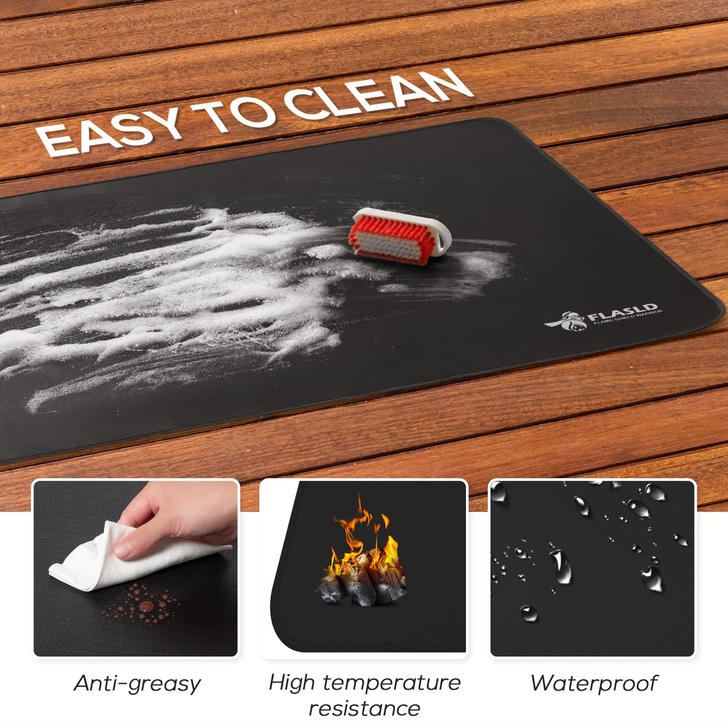 FLASLD Hearth Rugs for Fireplaces Fire Resistant, 24 X 42 inches Gas Grill Splatter Mat, Fireproof Heat Resistant Non Stick BBQ Patio Protector, Floor Protective Rug, Black