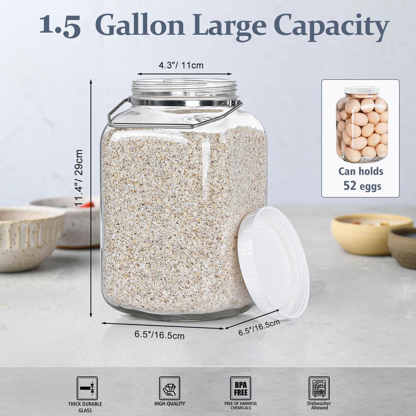 2 Pack 1.5 Gallon Glass Jar with Lid Wide Mouth, Large Mason Jar with Airtight Screw Lid and Handle, Clear glass storage containers with 2 Scale Mark for Flour, Cookie, Candy