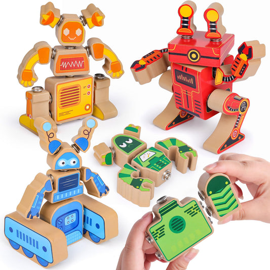 Coogam Wooden Robot Building Block Set, Snap Together Robot Builders, STEM Take Apart Robot Playset, Fine Motor Skill Educational Learning Toy Gift for 3 4 5 Years Old Kids
