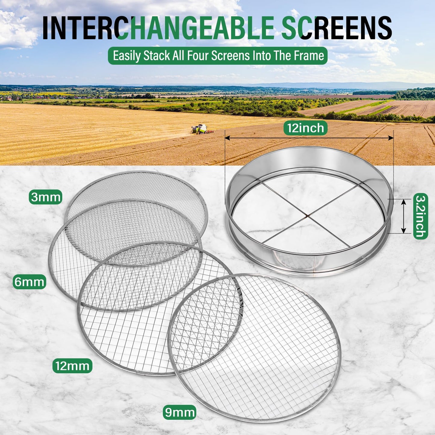 YaeCCC Garden Potting Mesh Sieve, Stainless Steel Soil Sieve Set Mix Soil Filter with 4 Interchangeable Mesh Sizes (3, 6, 9, 12mm)