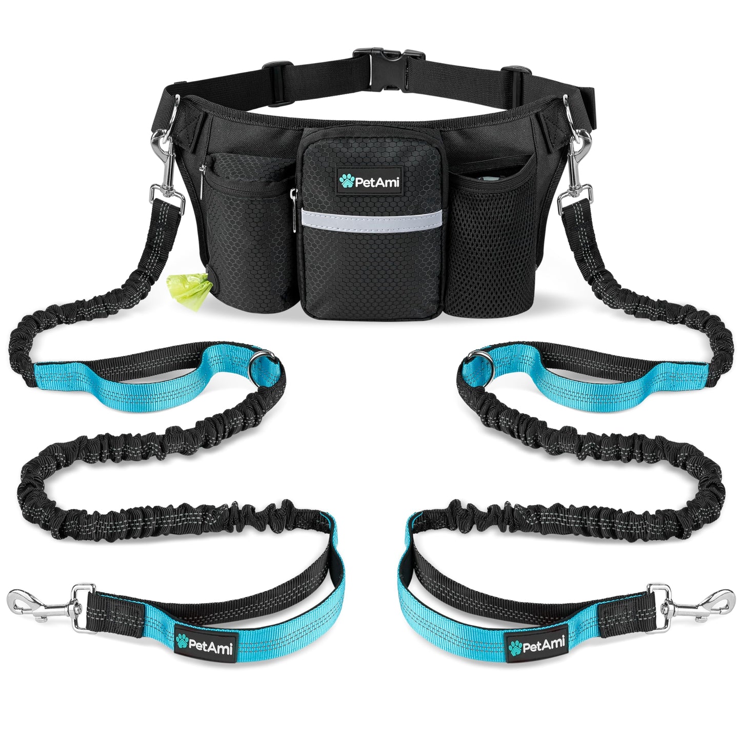 PetAmi Premium Hands Free Dog Leash for 2 Dogs, Adjustable Waist Belt Leash for Dog Walking, Fanny Pack Accessories Bag Dual Bungee Leash for Running, Hiking, Jogging, Biking, Black