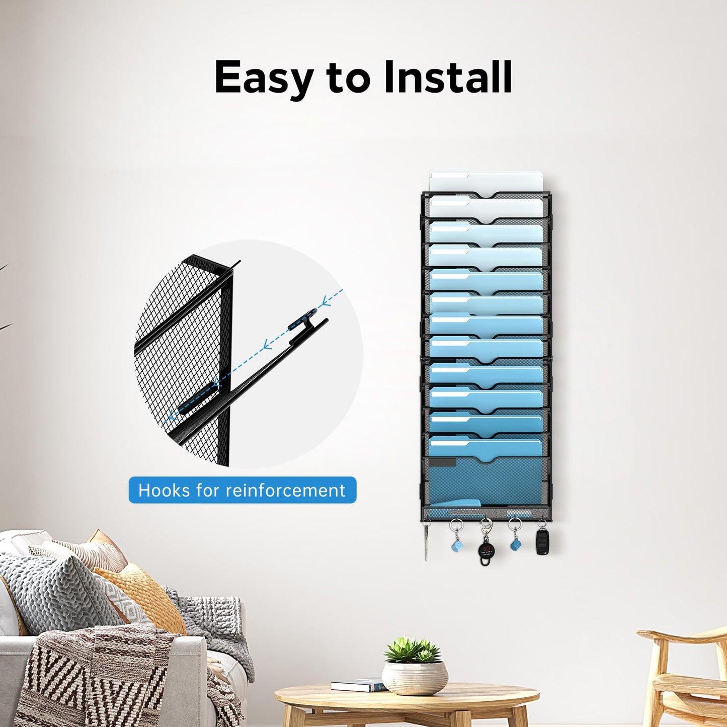 SUPEASY 13-Tier Hanging File Organizer Vertical Wall File Organizer Wall File Holder, Mesh Magazine Rack Mail Document Organizer for Office School Home,Black