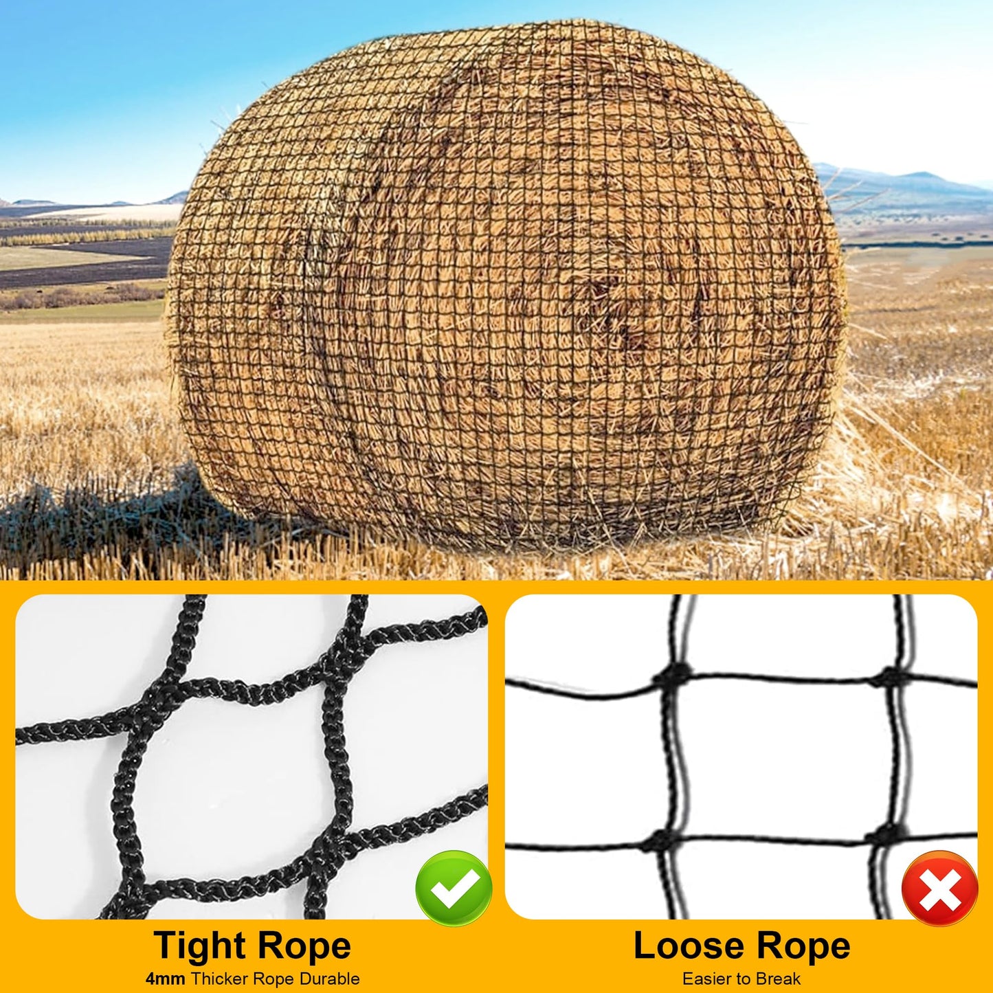 YUNPHDA Round Bale Hay Net, 5 * 5ft Feet Slow Feed Hay Net for Horses Livestocks Feeder with 1.75 Inch Holes, Holes Fits Round Bales 4x5, 5x5ft or Square Bales 3x3x8 (5 * 5ft)