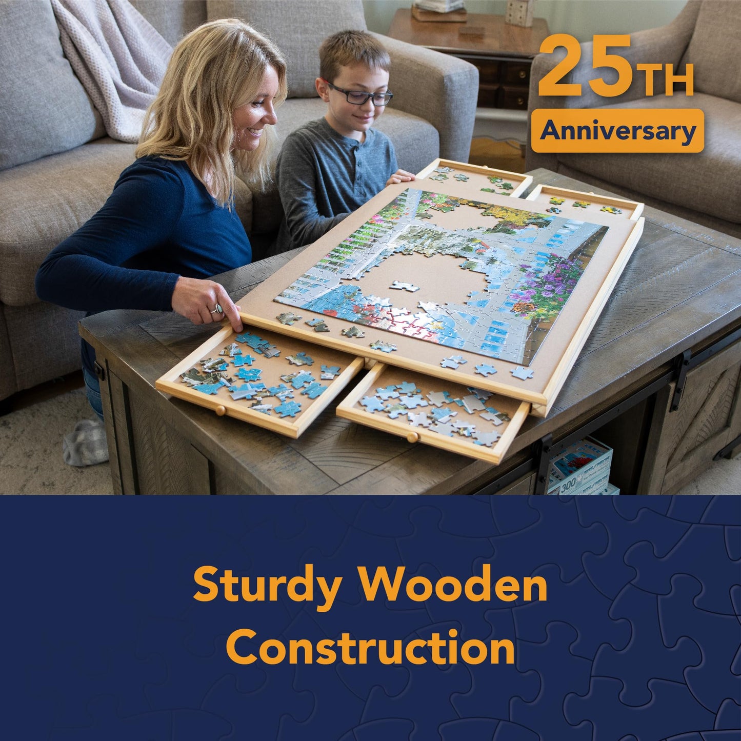 Bits and Pieces Puzzle Board with Drawers – 1000 Piece Jigsaw Puzzle Table Organizer –Wooden Puzzle Board for Adults, 76 cm x 57 cm Smooth Non-Slip Surface, Portable Puzzle Table with Sorting Trays