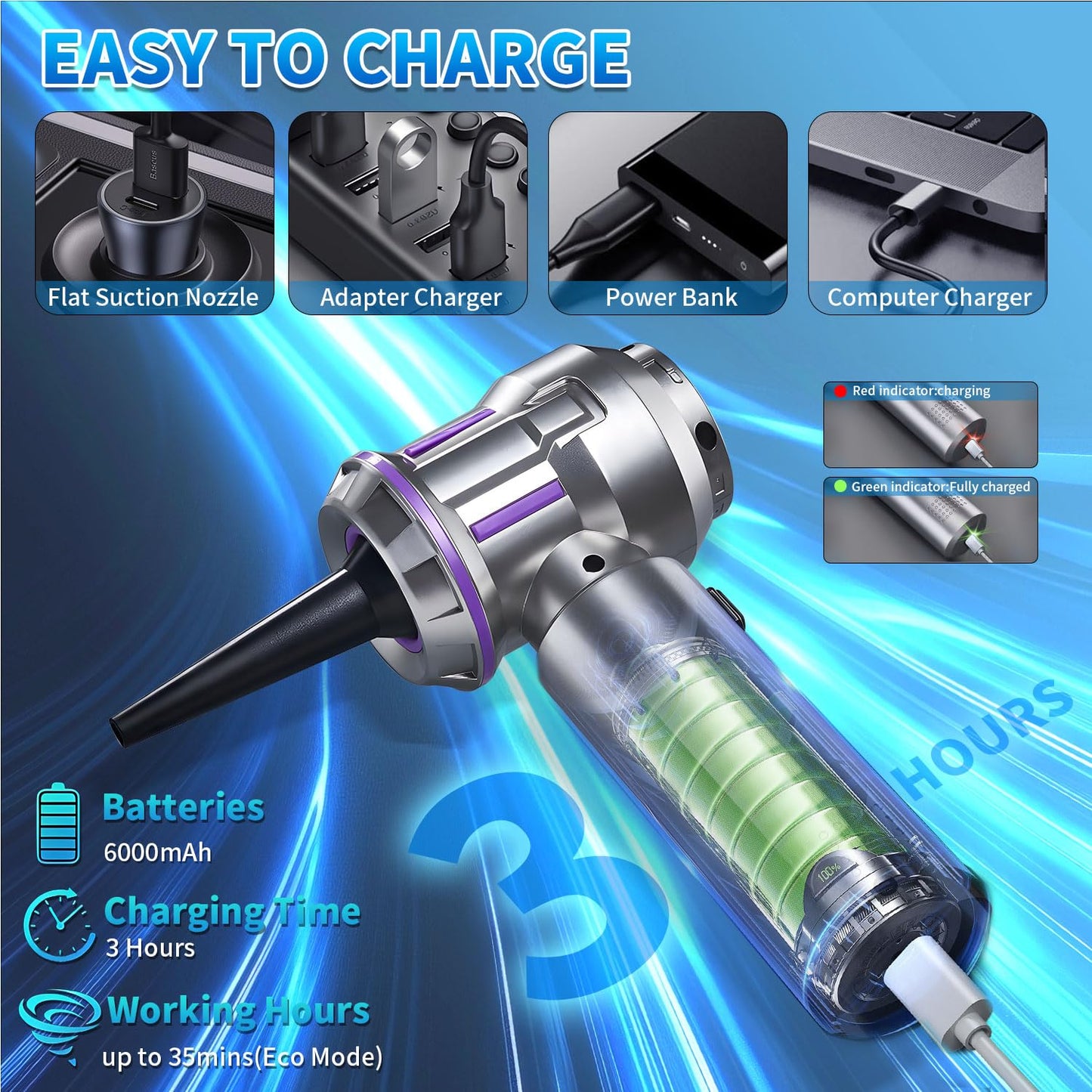 Car Vacuum Cleaner, 22000Pa Powerful Suction Handheld Vacuum Cordless with Brushless Motor, 11-in-1 Portable Hand Held Vacuum Rechargeable Air Duster/Blower/Pump for Pet Hair Removal, Car, Home