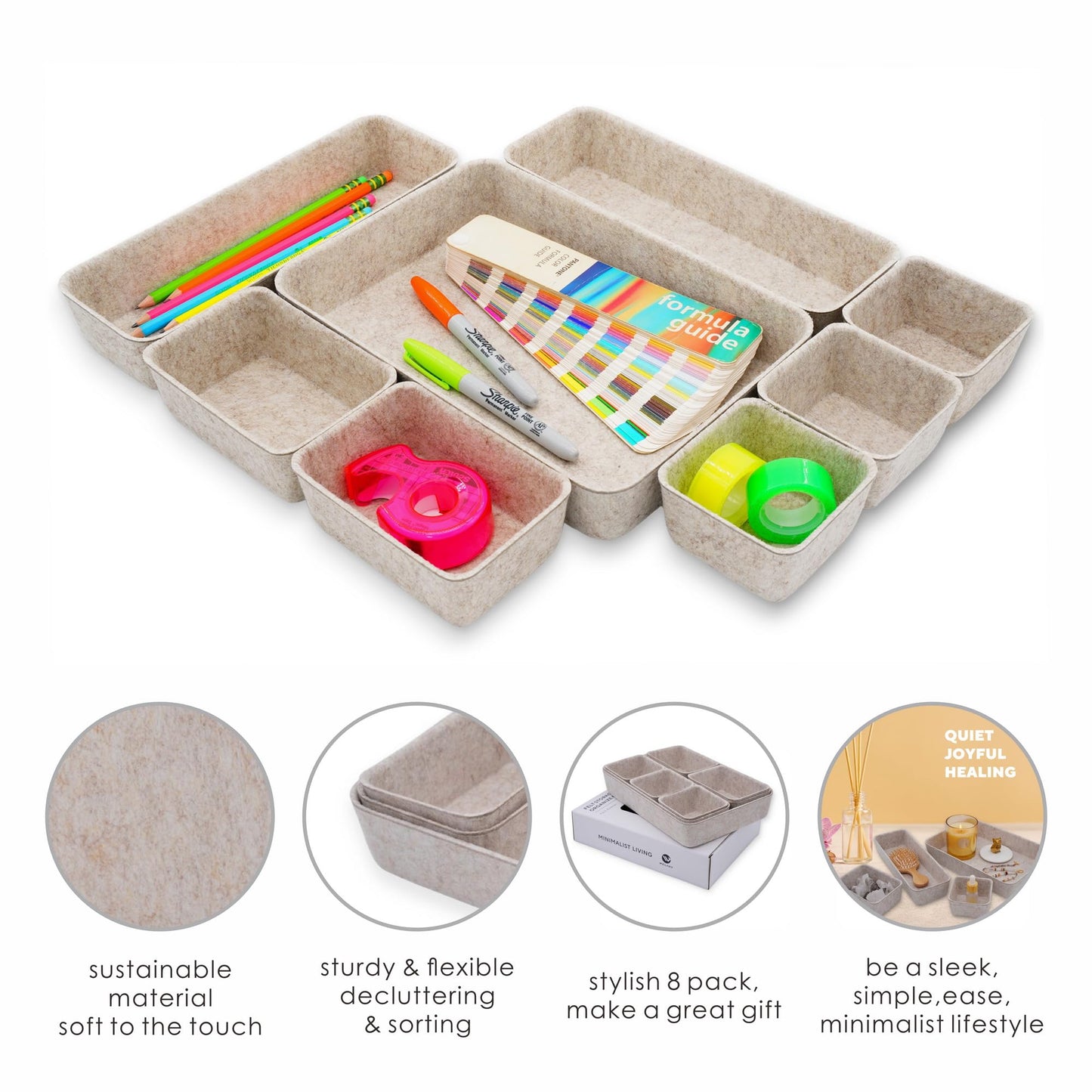 Welaxy 8-piece Nordic Beige desk drawer organizer tray office suppliers pens decluttering aesthetic wabi-sabi Scandinavian-chic storage bin hygge sleek minimalist fall gift (Oatmeal)
